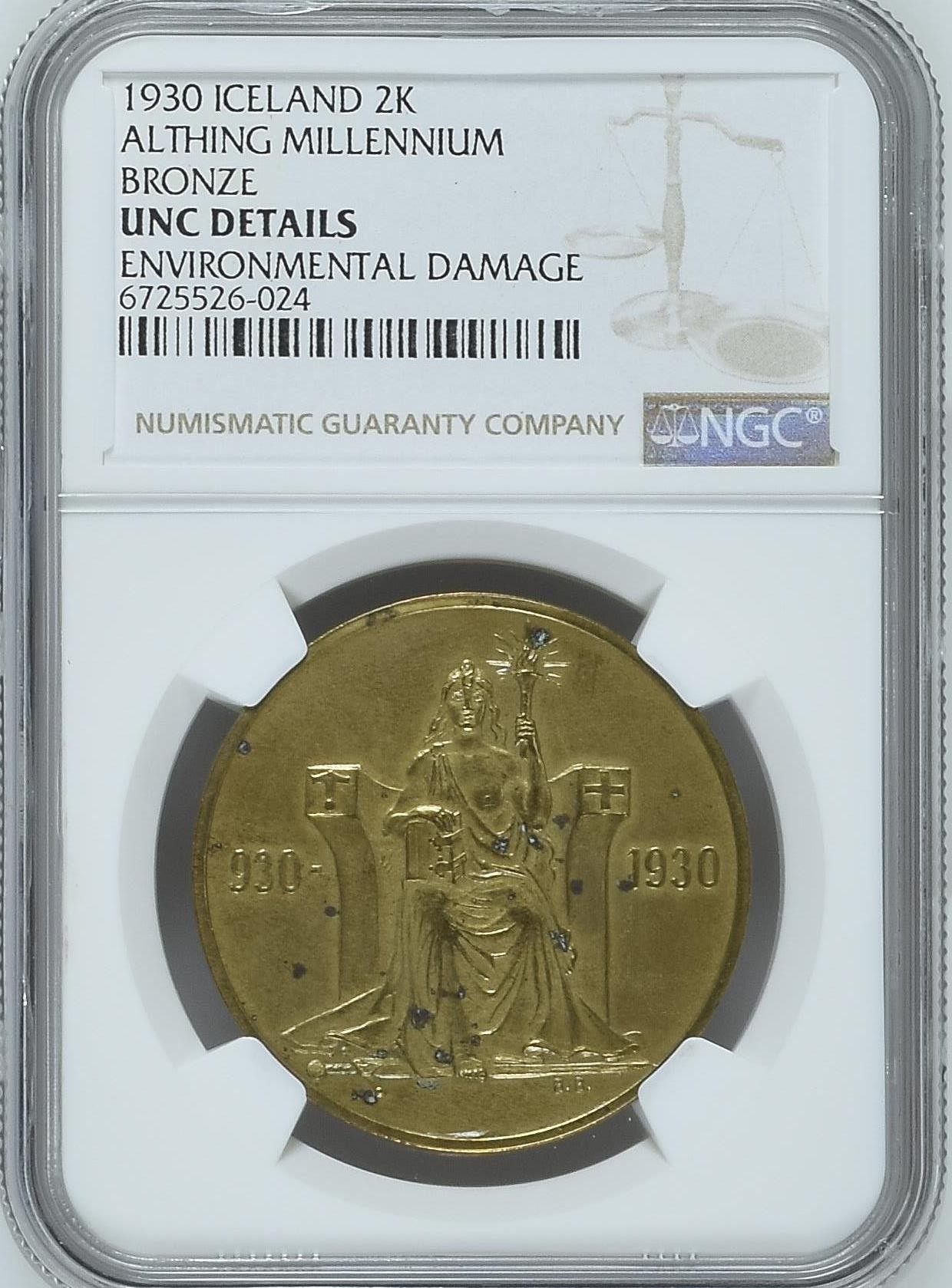 长老汇龙年精选第二场 1930冰岛议会千年2克朗大铜币，NGC UNC，珍稀币