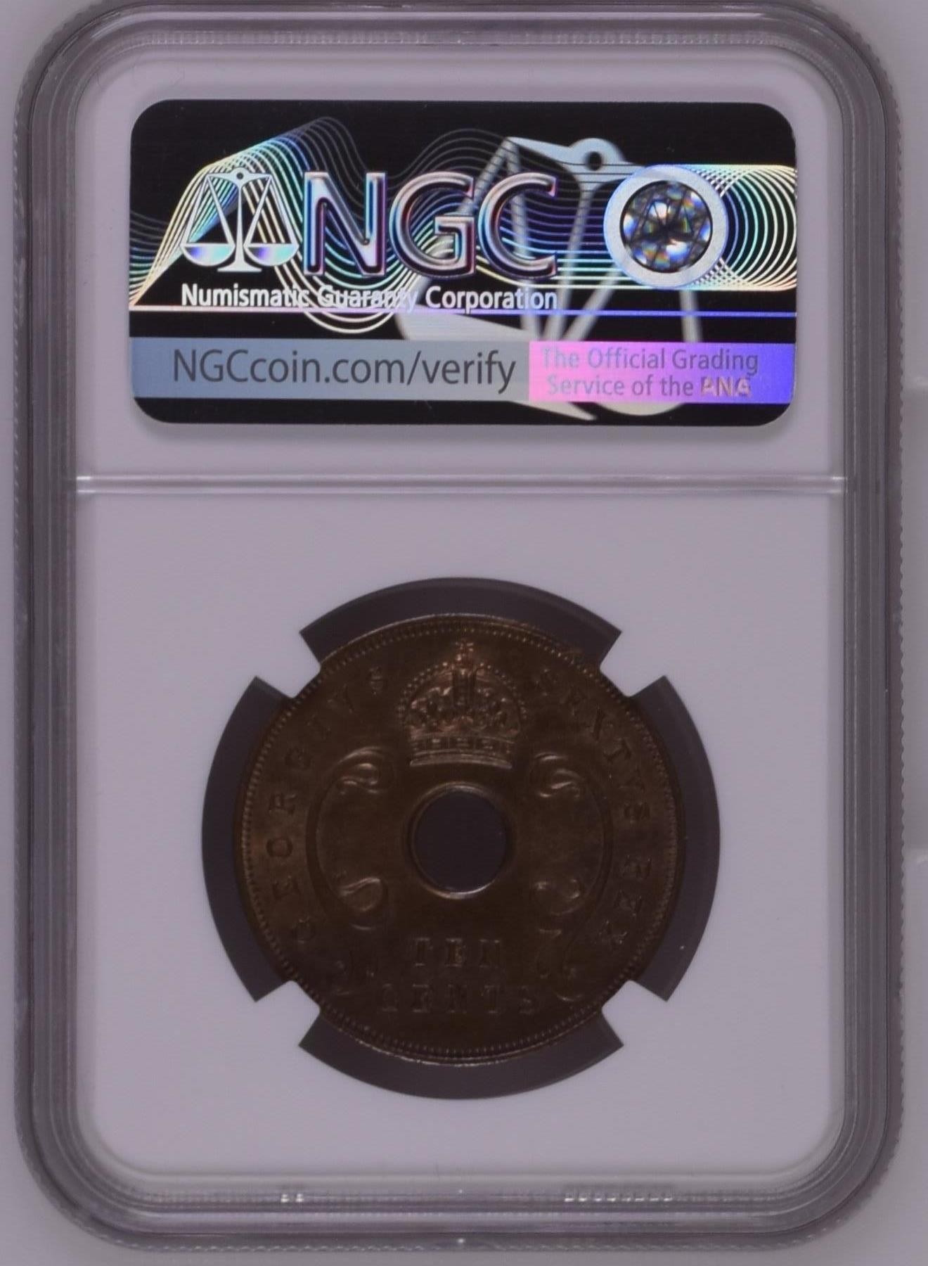 长老汇龙年精选第二场 1950 英属东非洲乔治六世10分铜币，NGC MS63BN，唯一冠军分