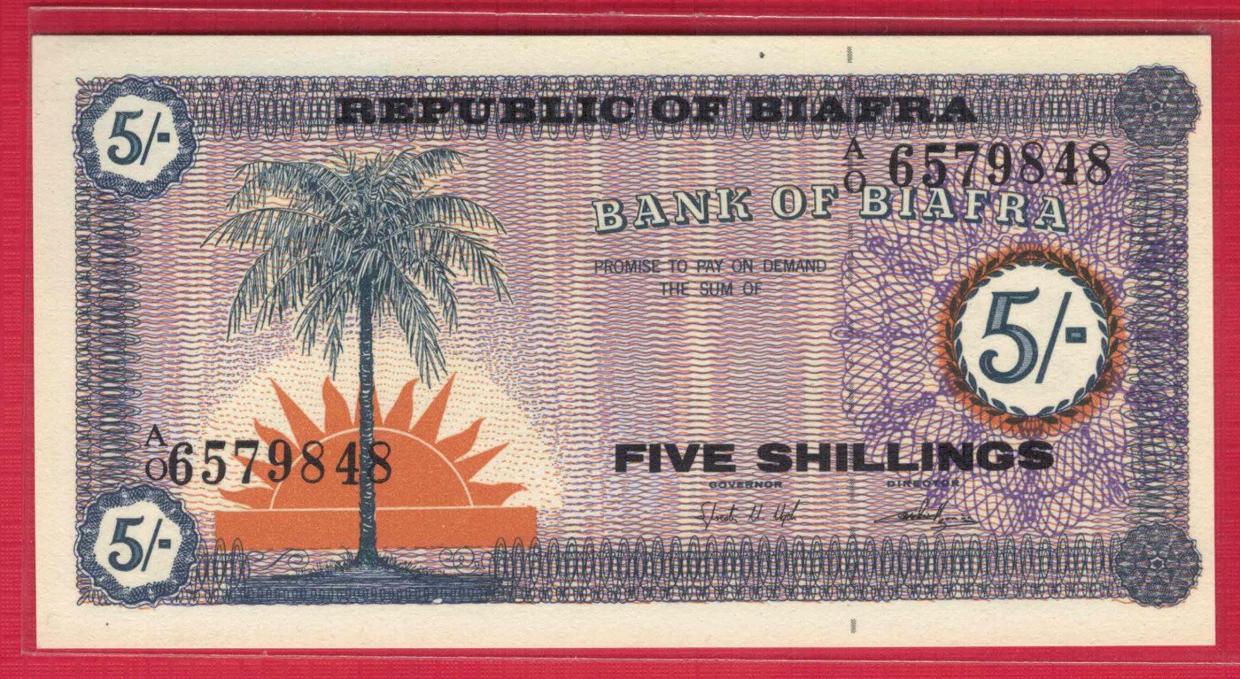 比夫拉(比芙拉)1967年5先令 已灭国 P-1 非洲纸币 实物图 UNC