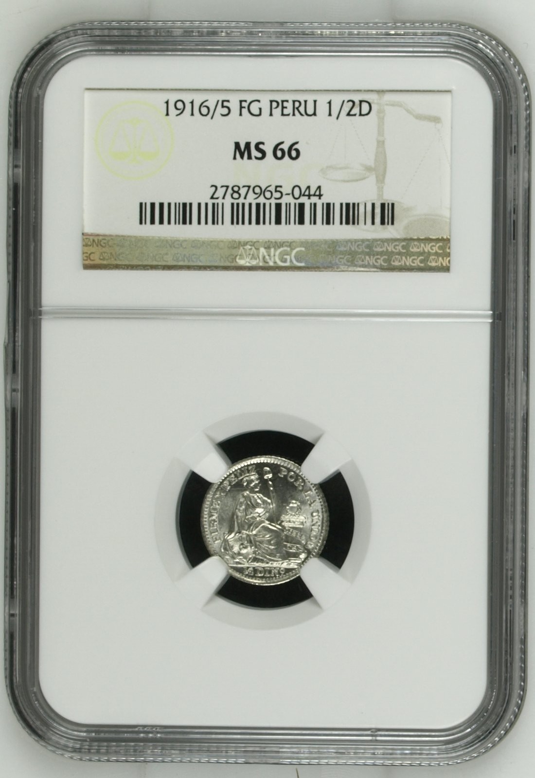长老汇龙年精选第二场 1916/5 FG 秘鲁坐姿女神1/2D银币，NGC MS66分，车轮光，亚军分，更高分仅有6枚