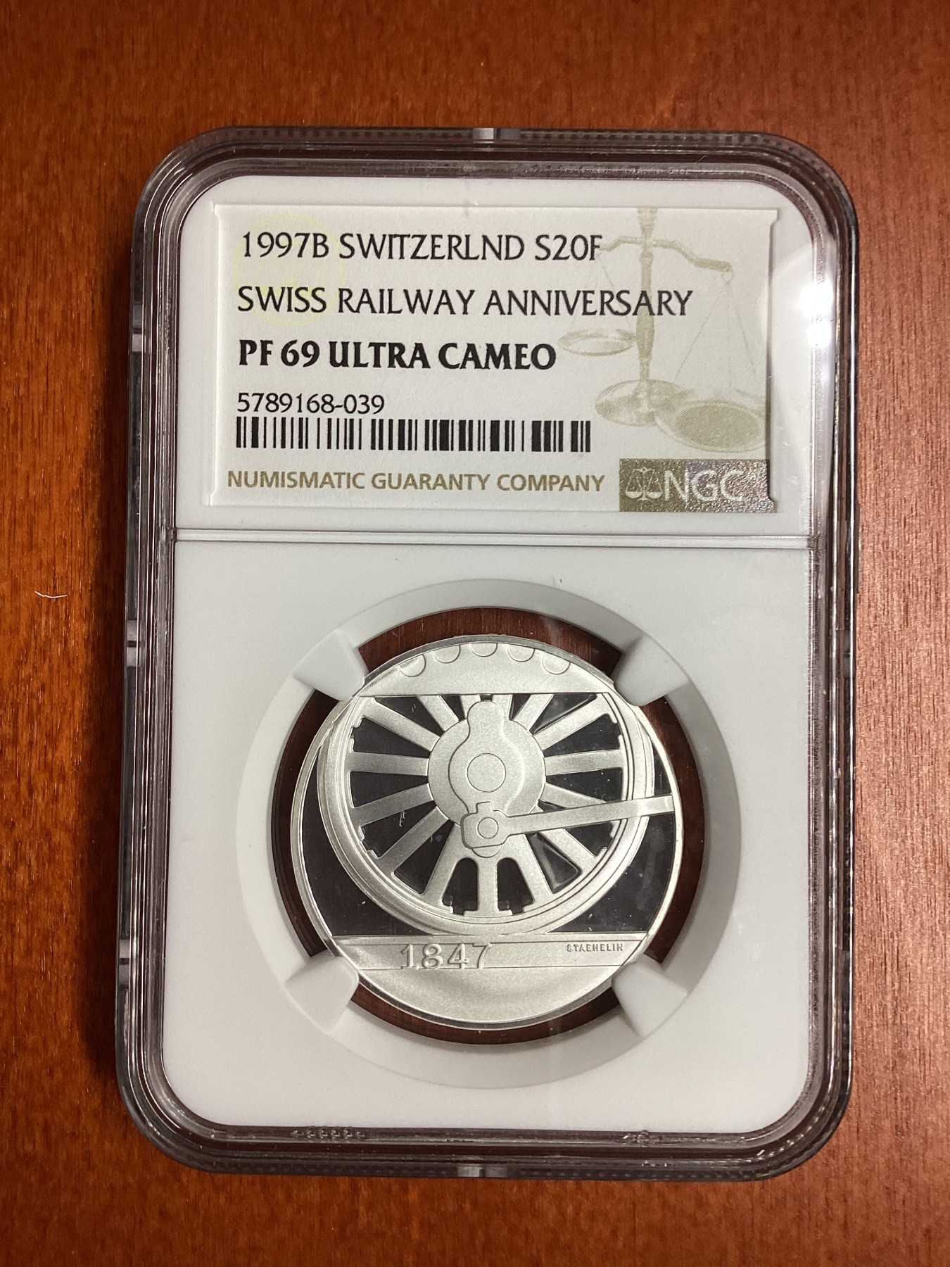 长老汇龙年精选第二场 1997B 瑞士火车百年20法郎精制银币，NGC PF69UC，唯二亚军，更高分仅有一枚