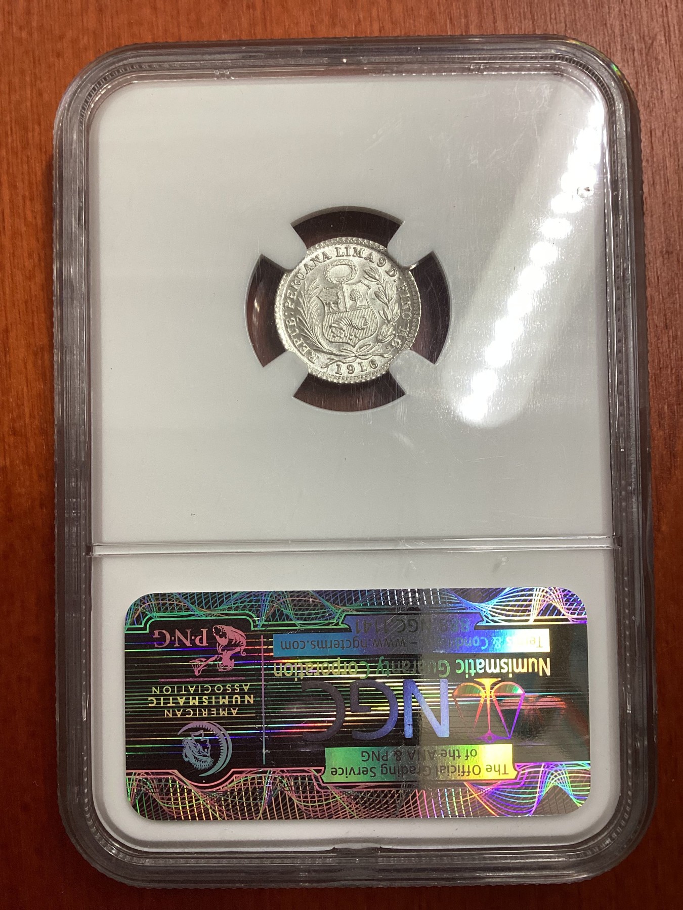 长老汇龙年精选第二场 1916/5 FG 秘鲁坐姿女神1/2D银币，NGC MS66分，车轮光，亚军分，更高分仅有6枚