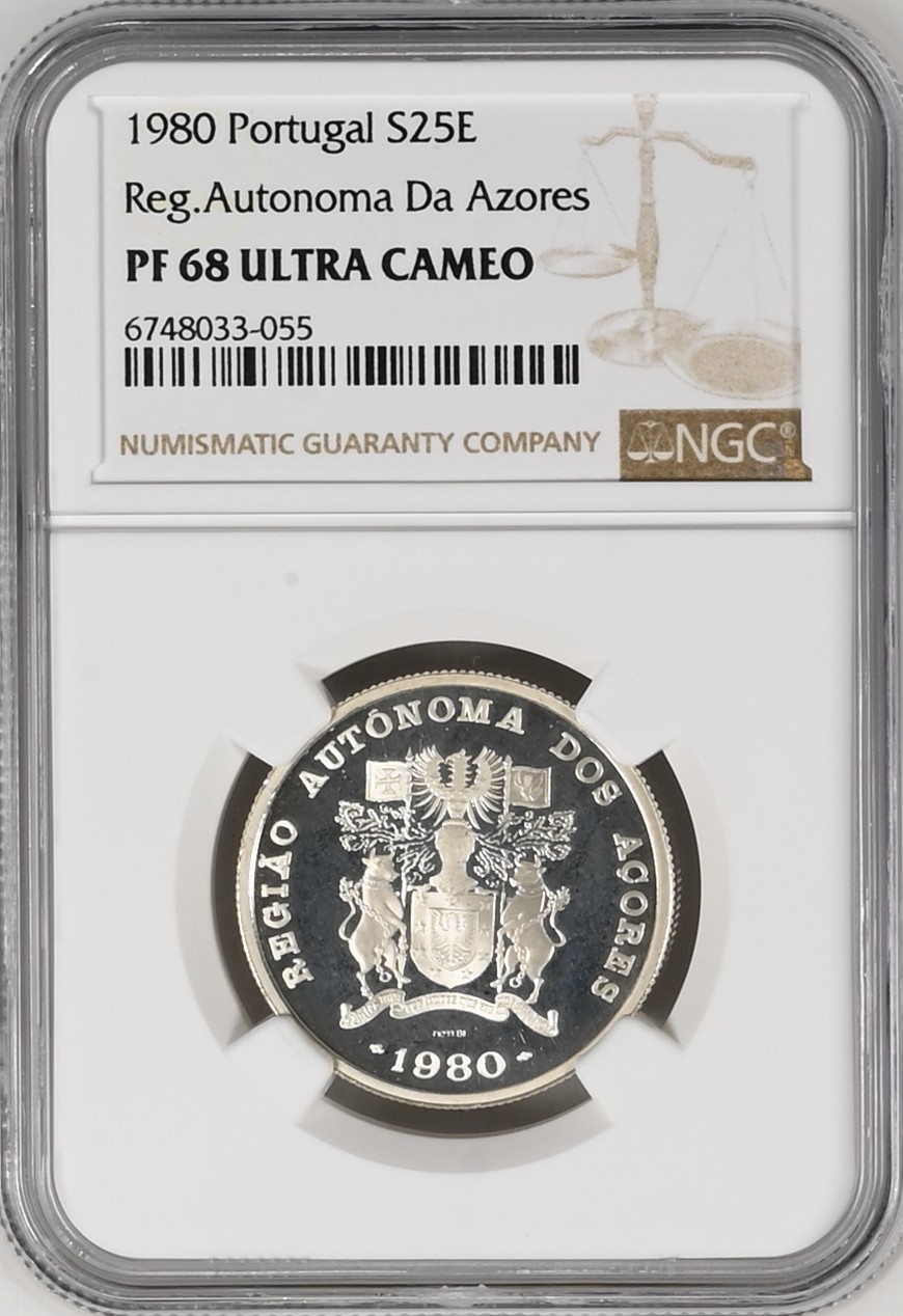长老汇龙年精选第二场 1980 葡属亚述尔25埃斯库多斯精制银币，NGC PF68UC，三枚冠军分之一，发行量12000枚