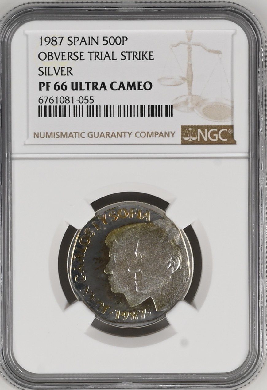 长老汇龙年精选第二场 1987 西班牙卡洛斯一世和索菲亚王后500比塞塔精制银样币，NGC PF66UC，唯一季军分，更高分仅有4枚