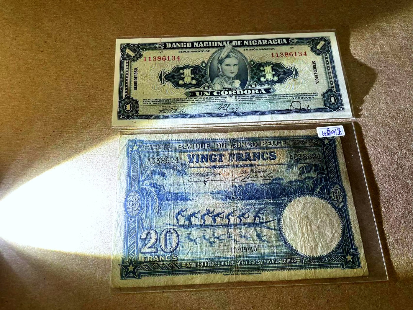 【Blue Auction】✨世界纸币精拍第442期【精】 【一组2张】比刚 1940年20法郎&尼加拉瓜 1960年1科多巴 品相如图