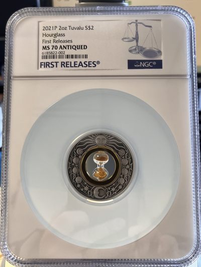 【海寕潮】拍卖第101期 - 【海寧潮A】图瓦卢2021年镶嵌计时沙漏2盎司仿古纪念银币NGC-MS70首期蓝标原盒证书
