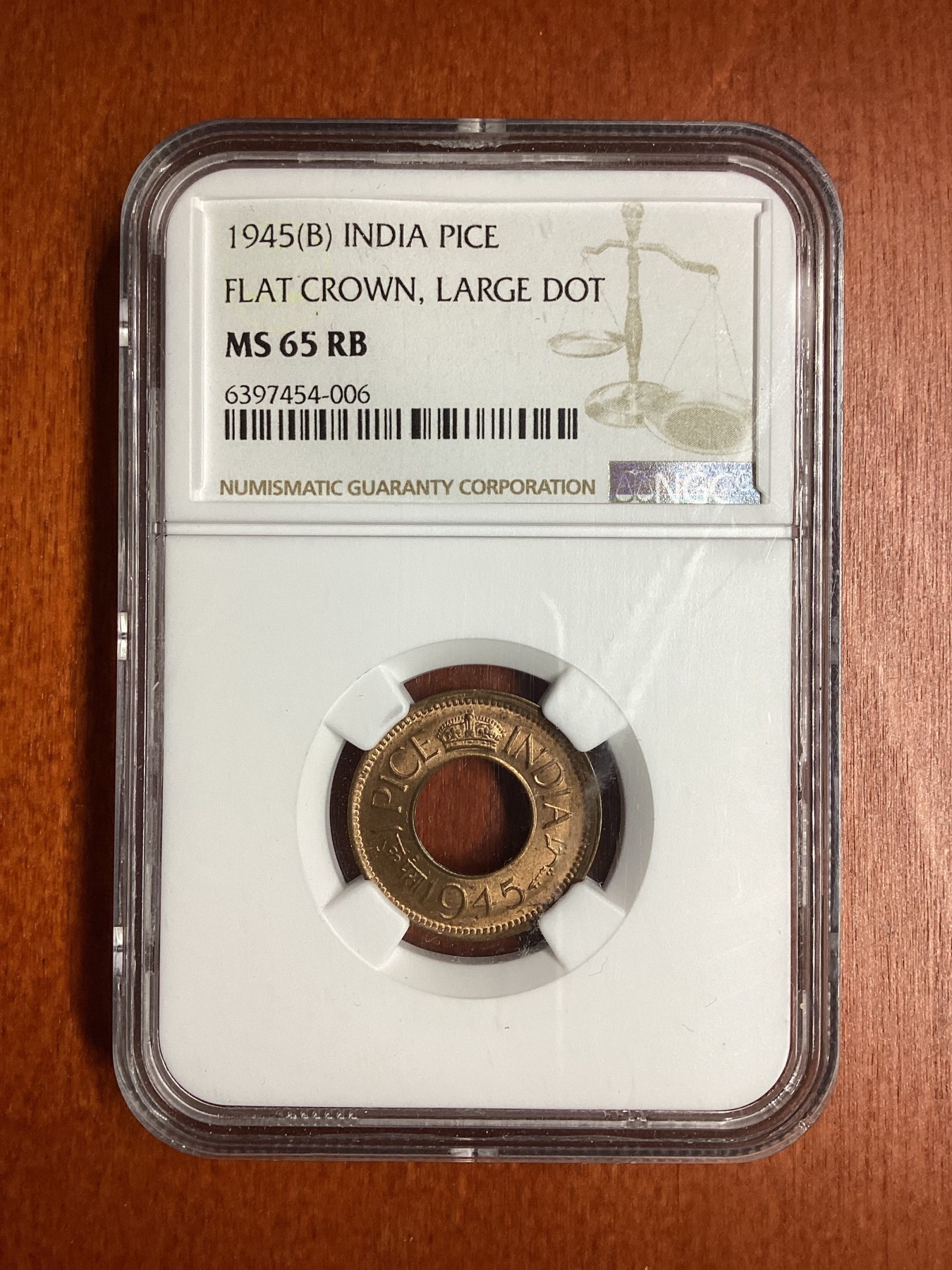 长老汇龙年精选第二场 1945(B)印度乔治六世平冠大点 1派斯铜币，NGC MS65RB，亚军分，更高分仅有8枚