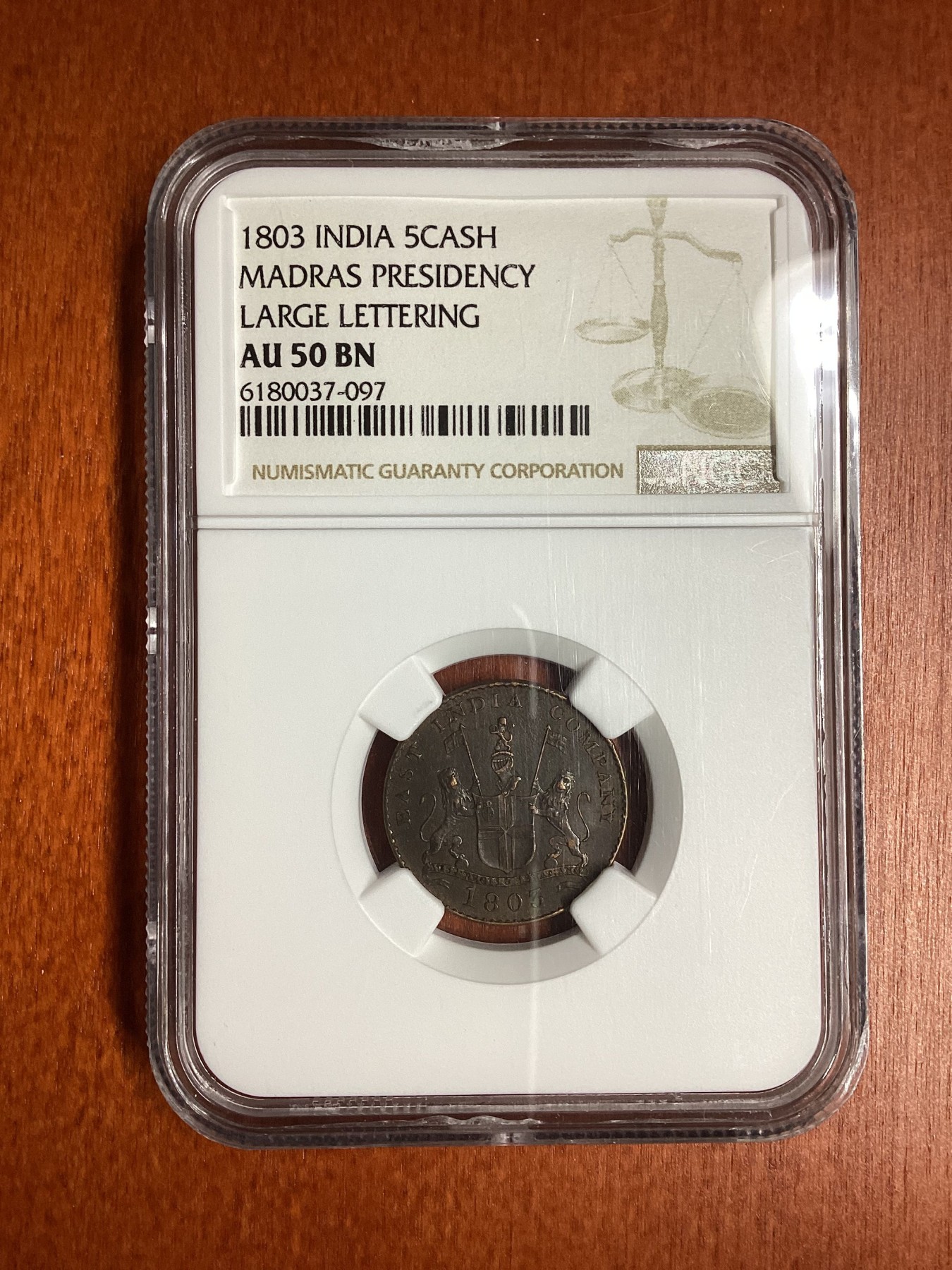 长老汇龙年精选第二场 1803印度马德拉斯总督府大字号5卡其铜币，NGC AU50BN，出分不容易