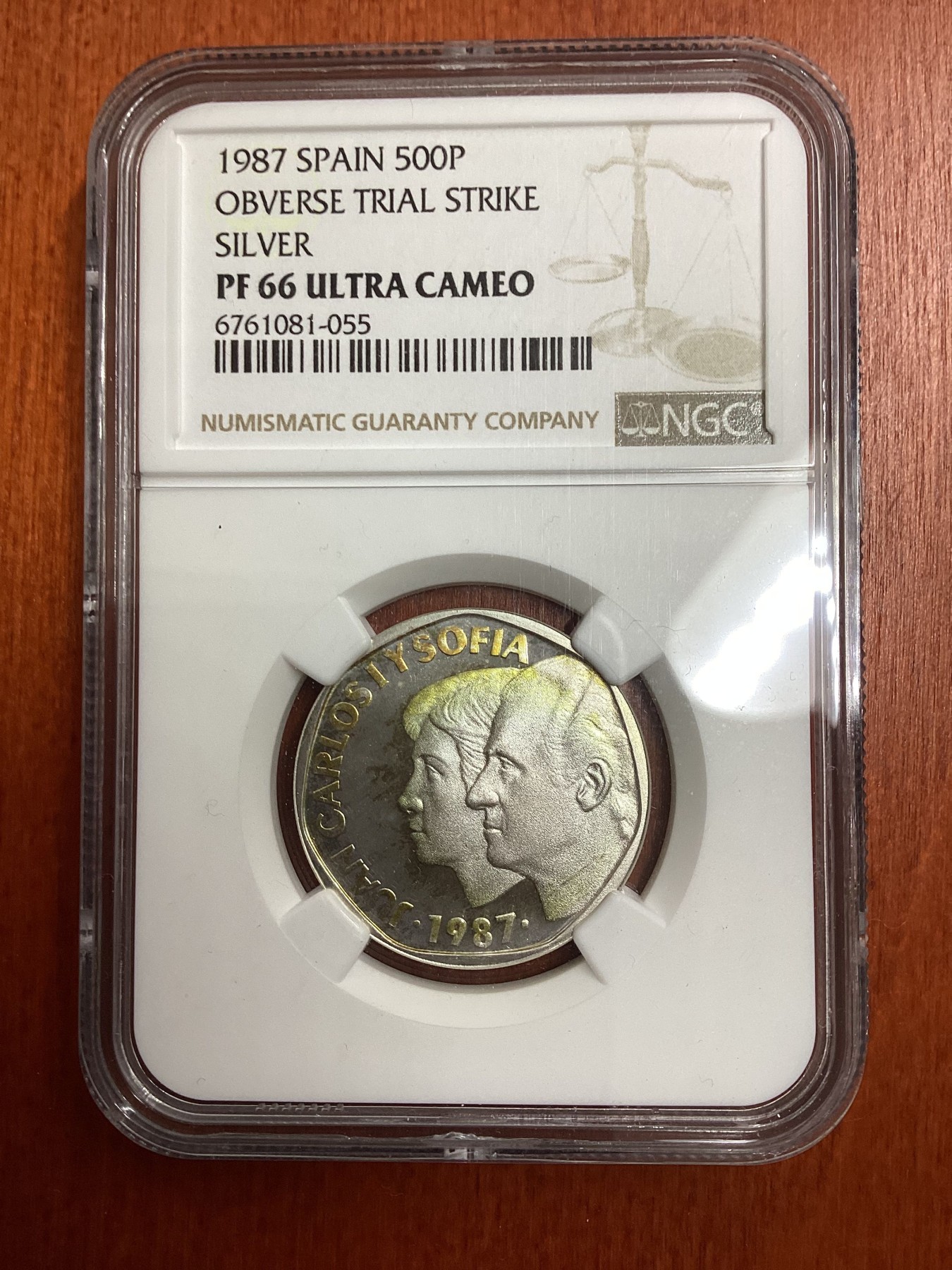 长老汇龙年精选第二场 1987 西班牙卡洛斯一世和索菲亚王后500比塞塔精制银样币，NGC PF66UC，唯一季军分，更高分仅有4枚