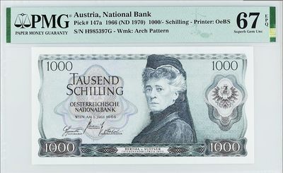 《张总收藏》140期-外币精品荟萃 - 奥地利1966(ND1970)年1000先令PMG67E亚军分无4 顶级雕刻 奥地利女作家苏特纳