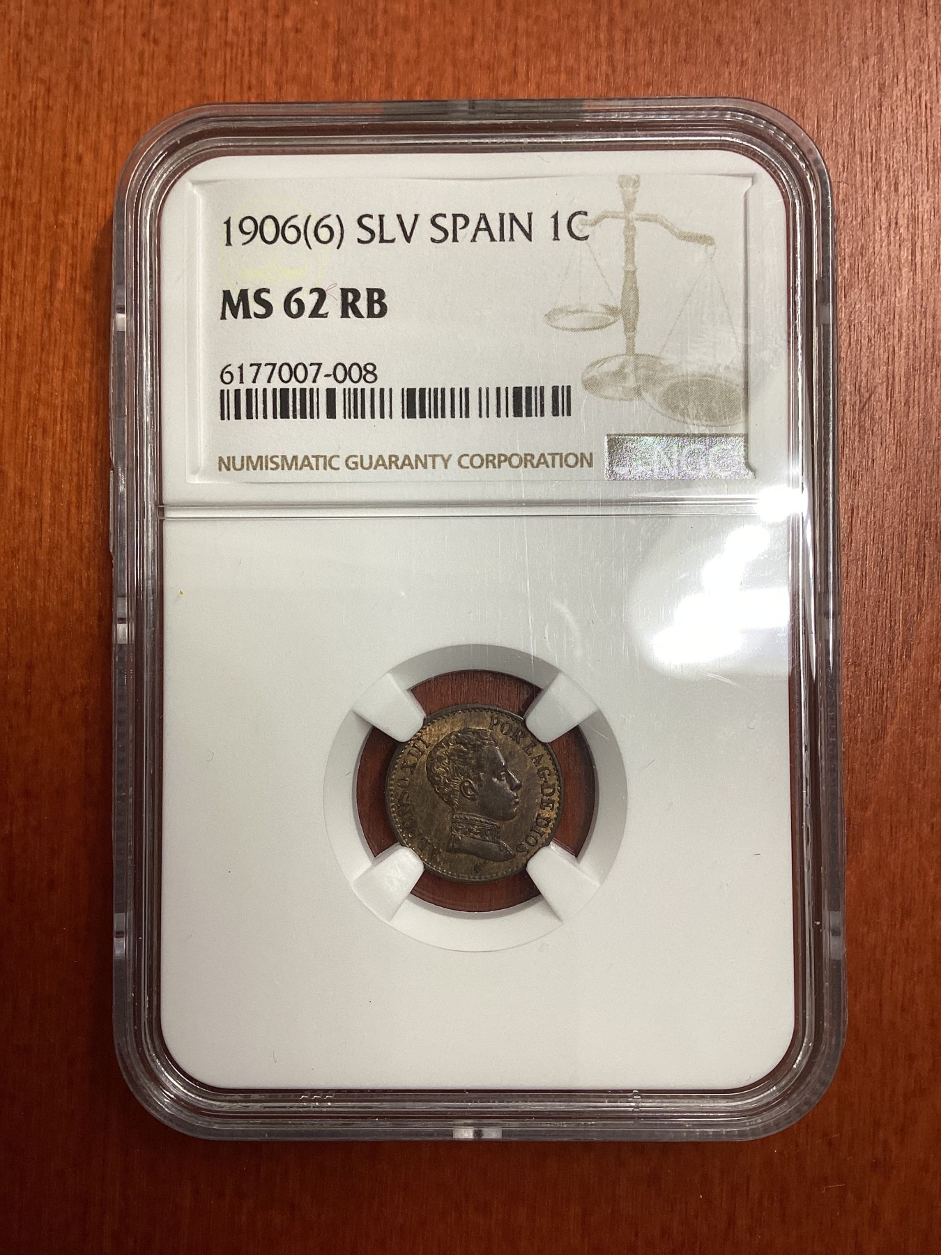 长老汇龙年精选第二场 1906(6) SLV 西班牙阿方索十三世1分铜币，NGC MS62RB