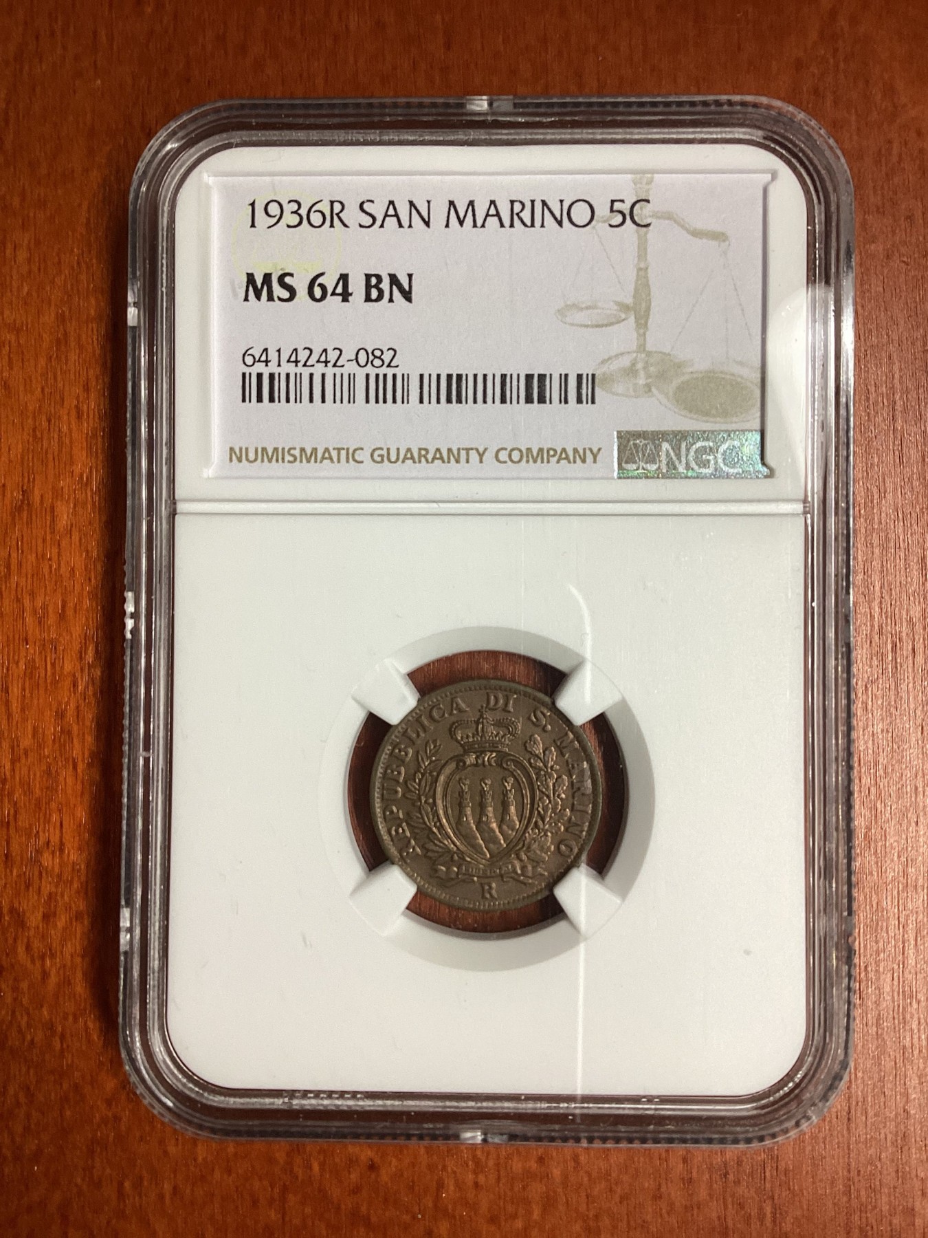 长老汇龙年精选第二场 1936R 圣马力诺5分铜币，NGC MS64BN，亚军分，更高分仅有两枚