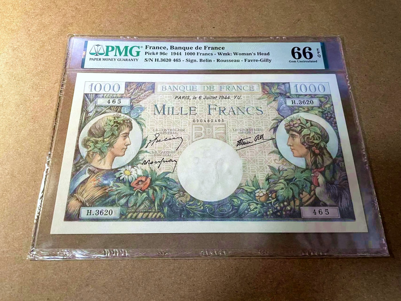 【Blue Auction】✨世界纸币精拍第442期【精】 法国 1944年1000法郎 大票幅 墨丘利 PMG66EPQ 