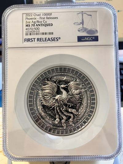 【海寕潮】拍卖第101期 - 【海寧潮A】乍得2022年曼荼罗艺术凤凰2盎司高浮雕银铜纪念币NGC-MS70首期蓝标无盒无证书