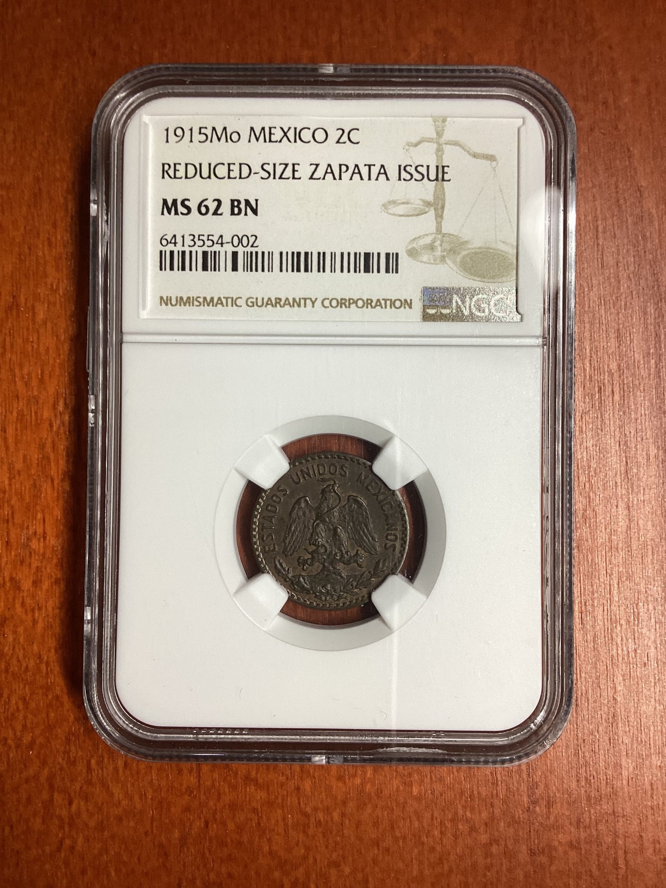 长老汇龙年精选第二场 1915Mo 墨西哥内战农民军起义领袖萨帕塔发行2分铜币，缩小版，NGC MS62BN