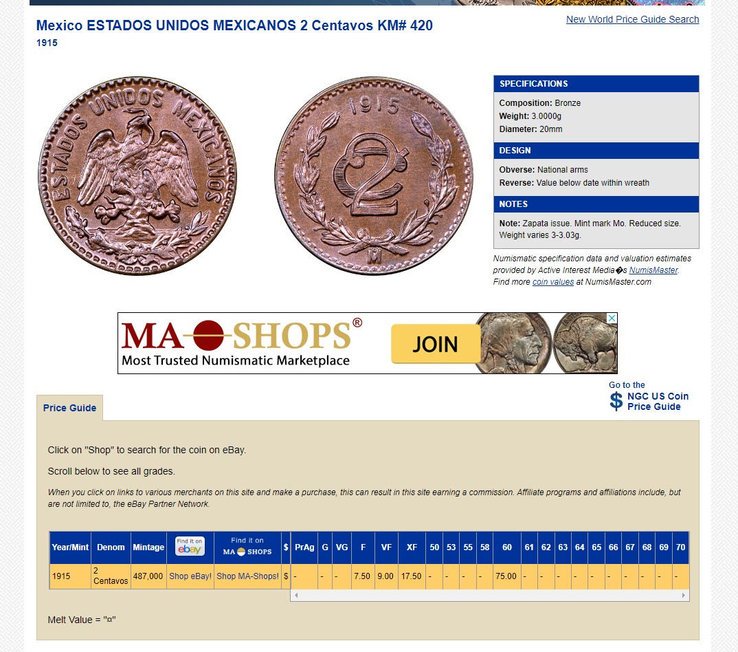 长老汇龙年精选第二场 1915Mo 墨西哥内战农民军起义领袖萨帕塔发行2分铜币，缩小版，NGC MS62BN