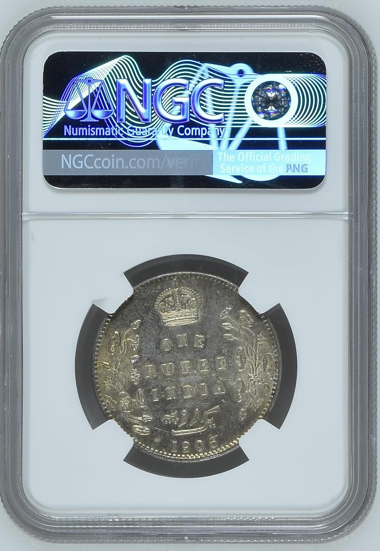 长老汇龙年精选第二场 1906B 印度爱德华七世1卢比银币，NGC MS62分，第四名