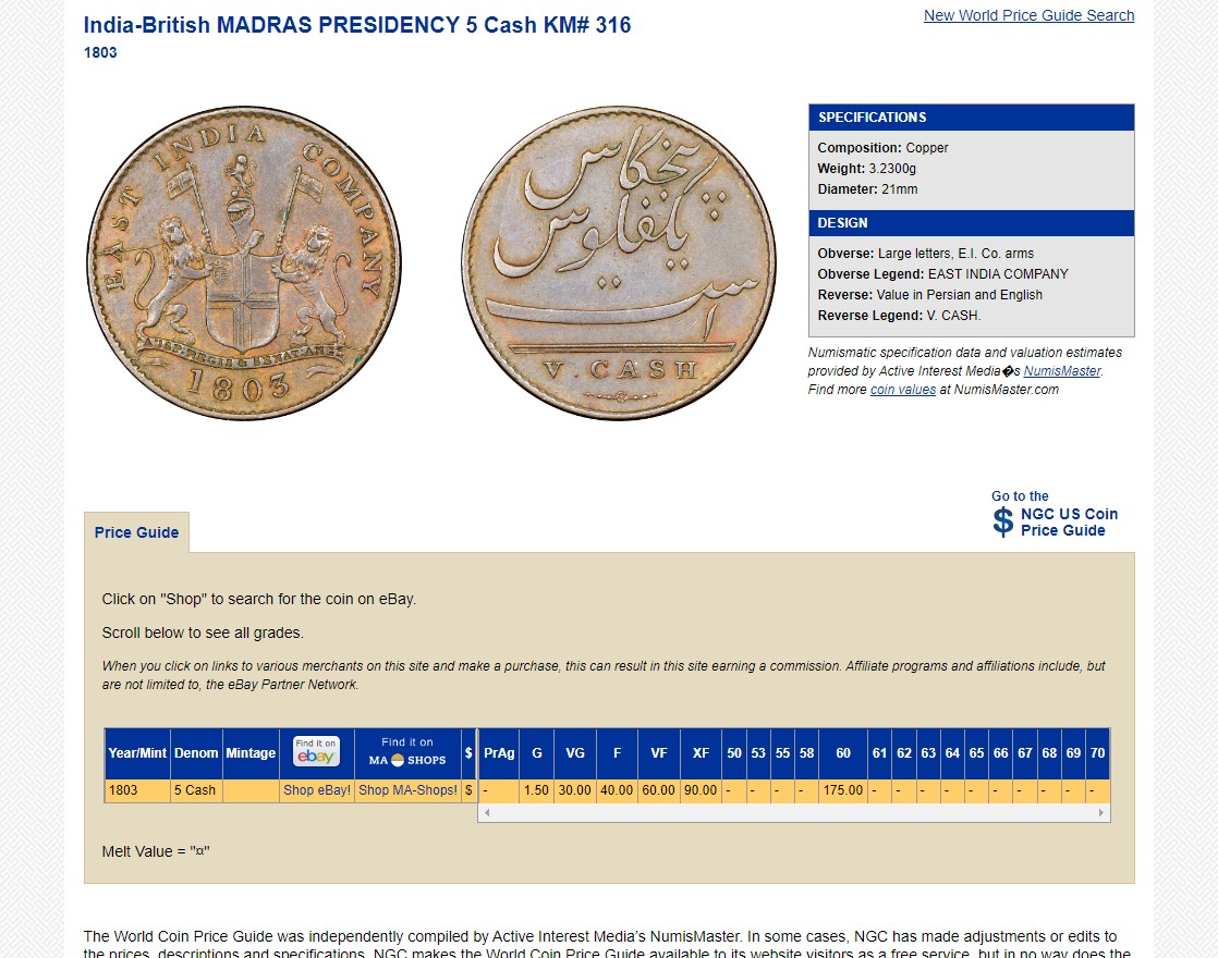 长老汇龙年精选第二场 1803印度马德拉斯总督府大字号5卡其铜币，NGC AU50BN，出分不容易