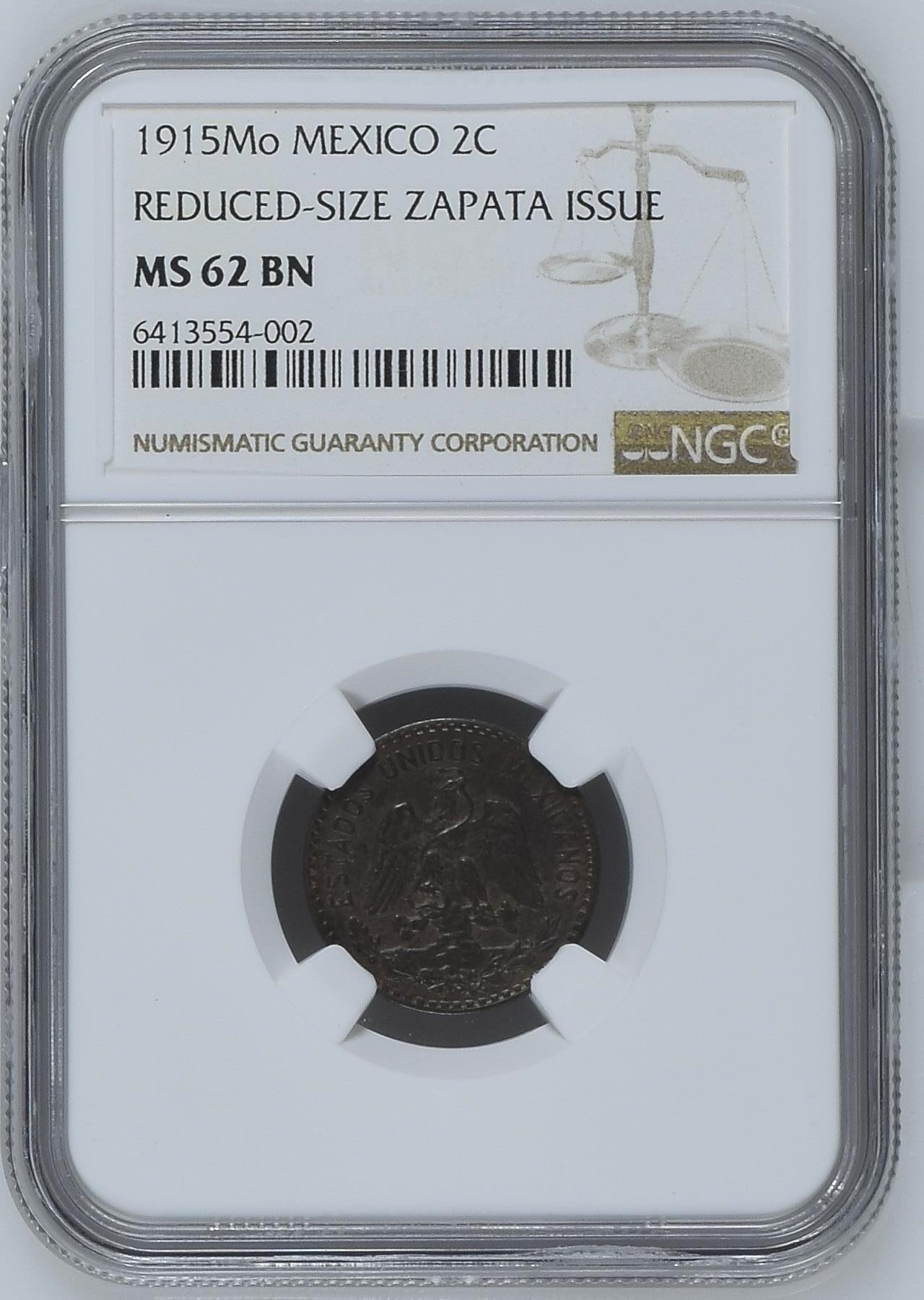 长老汇龙年精选第二场 1915Mo 墨西哥内战农民军起义领袖萨帕塔发行2分铜币，缩小版，NGC MS62BN