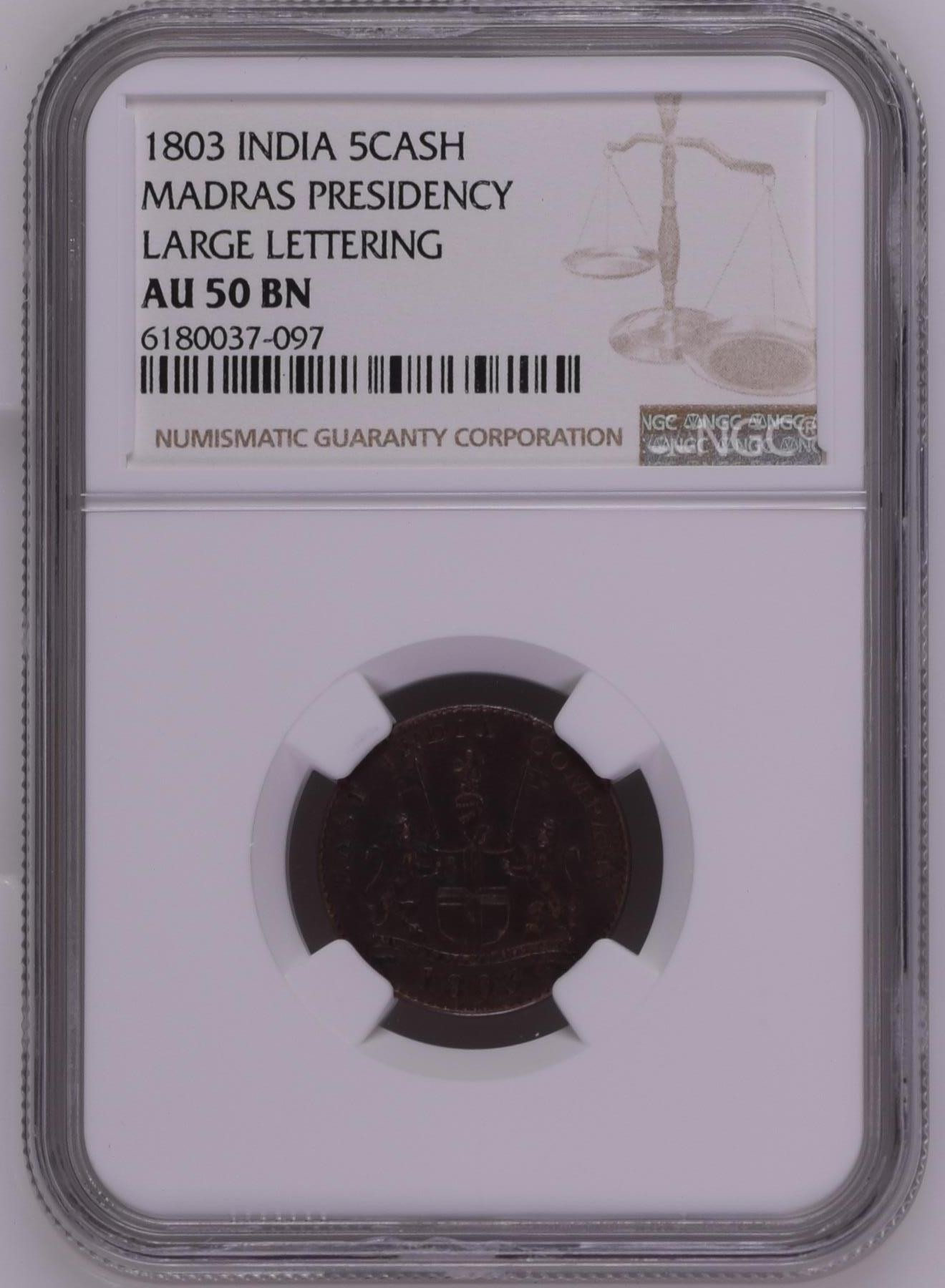 长老汇龙年精选第二场 1803印度马德拉斯总督府大字号5卡其铜币，NGC AU50BN，出分不容易