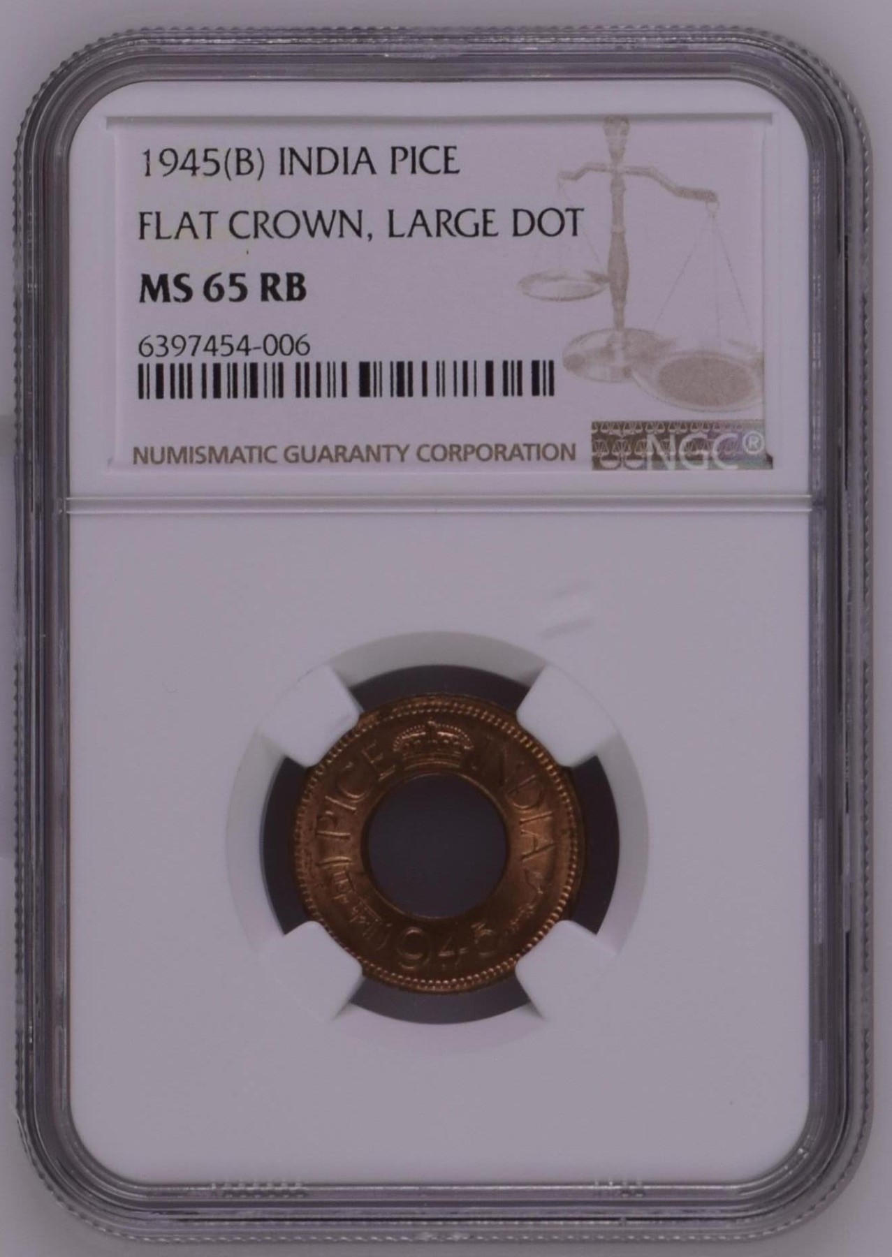 长老汇龙年精选第二场 1945(B)印度乔治六世平冠大点 1派斯铜币，NGC MS65RB，亚军分，更高分仅有8枚