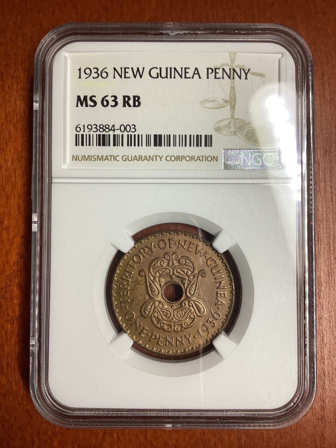 长老汇龙年精选第二场 1936 新几内亚1便士铜币，NGC MS63RB