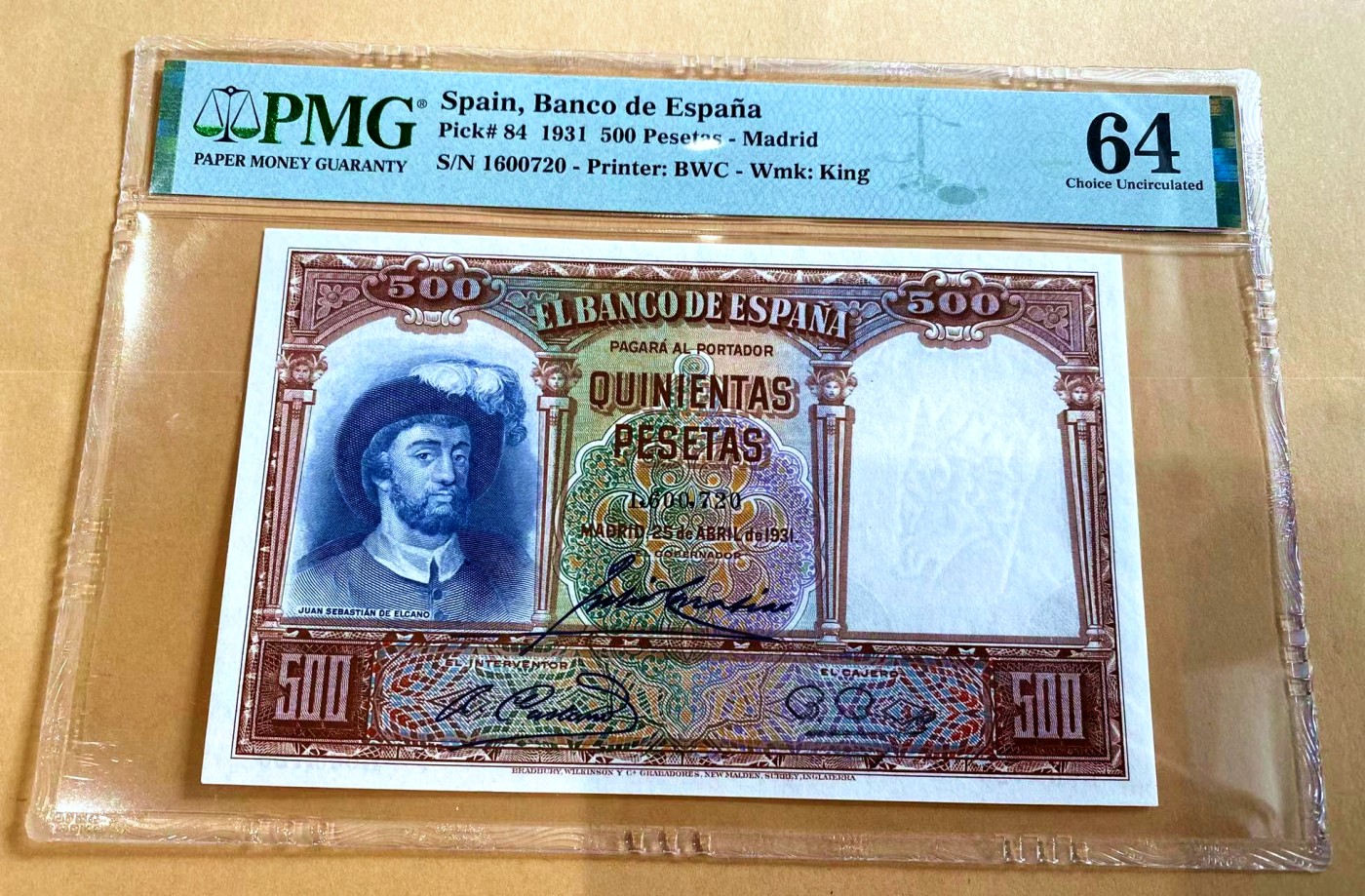 【Blue Auction】✨世界纸币精拍第442期【精】 西班牙 1931年500比塞塔 海盗 PMG64 BWC出品 雕刻精美