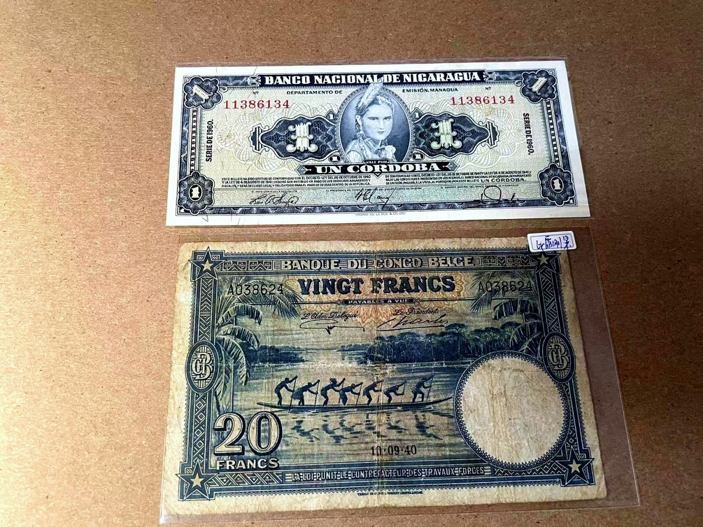【Blue Auction】✨世界纸币精拍第442期【精】 【一组2张】比刚 1940年20法郎&尼加拉瓜 1960年1科多巴 品相如图