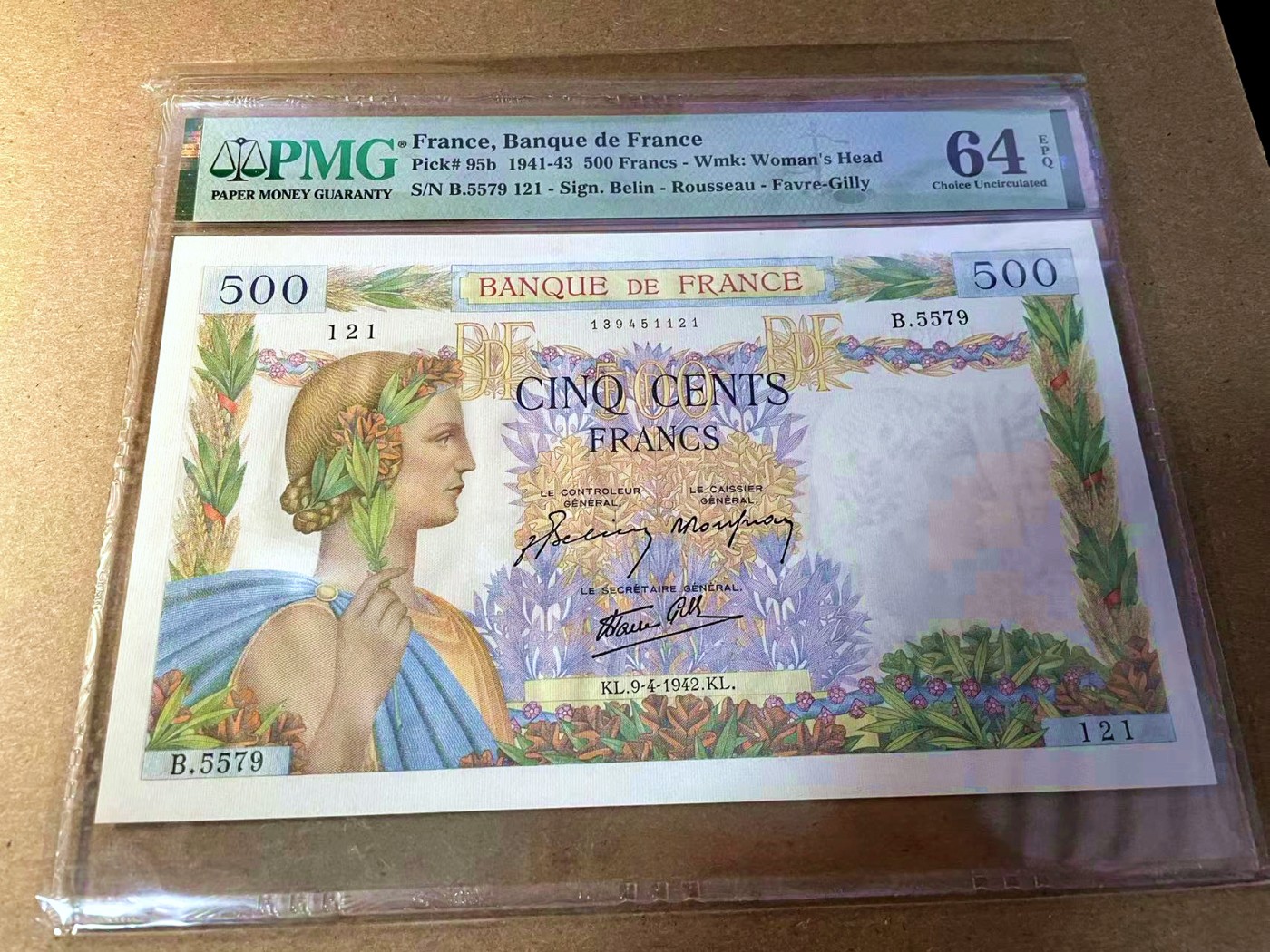 【Blue Auction】✨世界纸币精拍第442期【精】 【121小雷达号】法国 1942年500法郎 PMG64EPQ 大票幅 