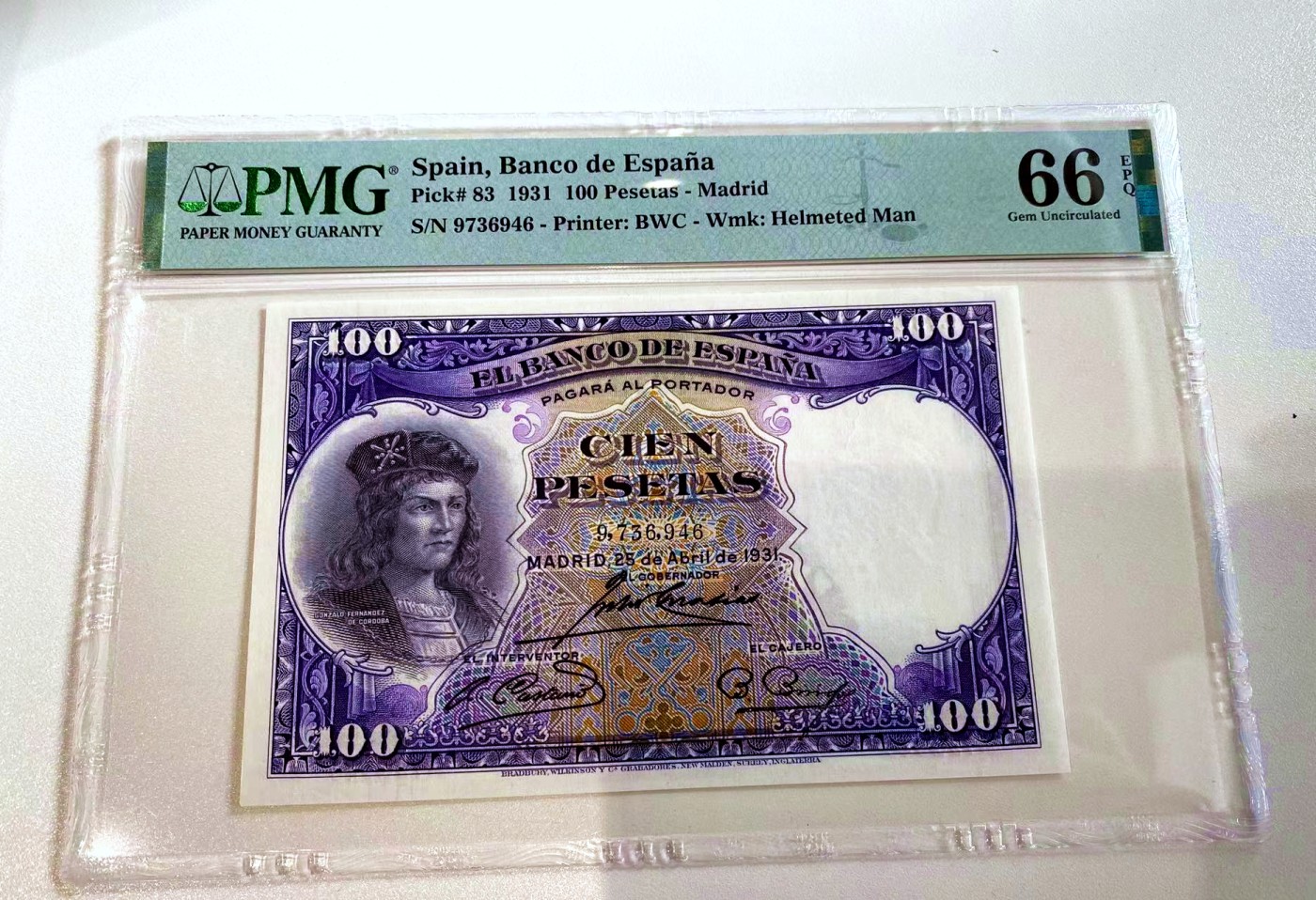 【Blue Auction】✨世界纸币精拍第442期【精】 西班牙 1931年100比塞塔 名画 PMG66EPQ BWC出品 雕刻精美