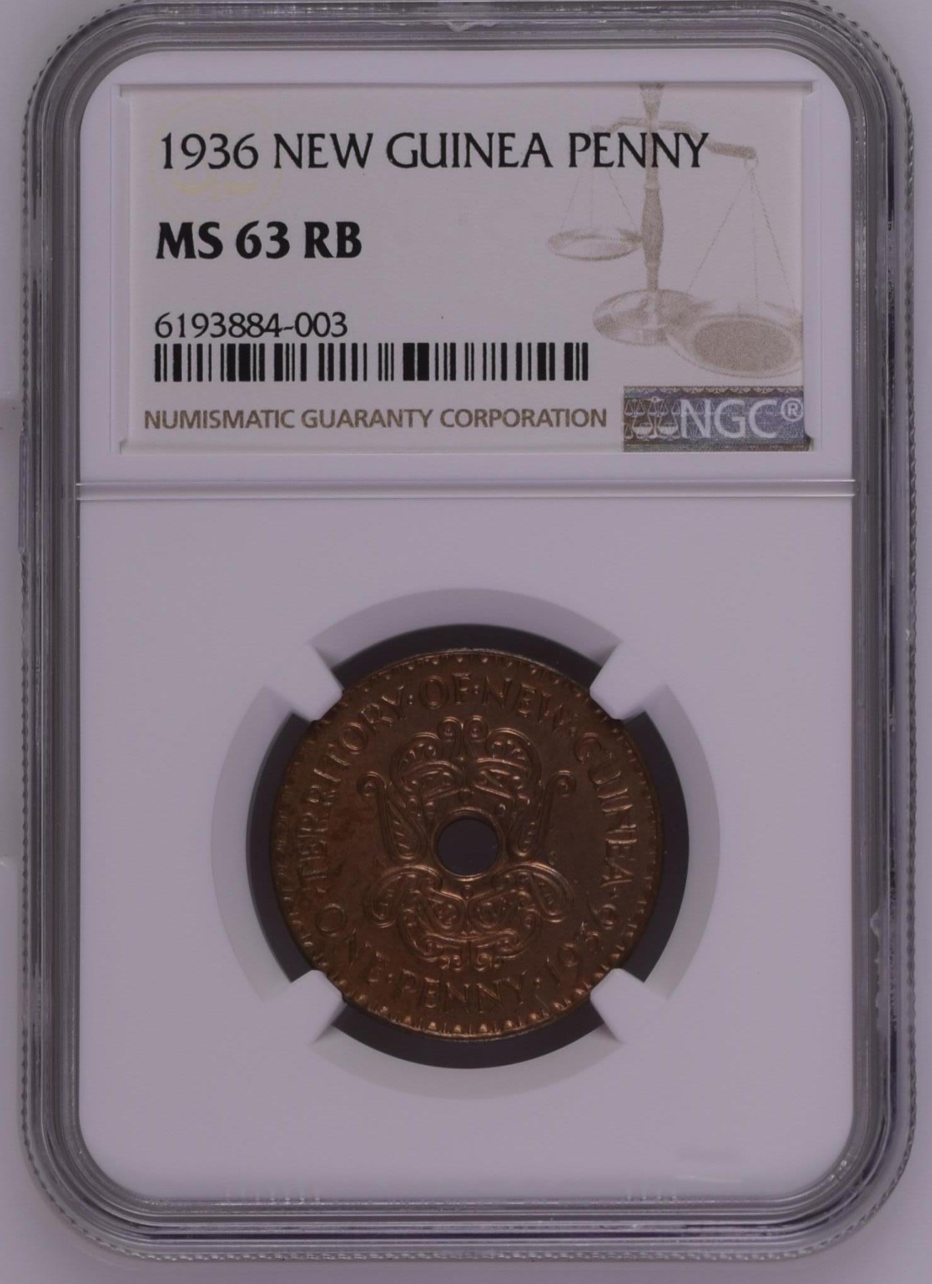 长老汇龙年精选第二场 1936 新几内亚1便士铜币，NGC MS63RB