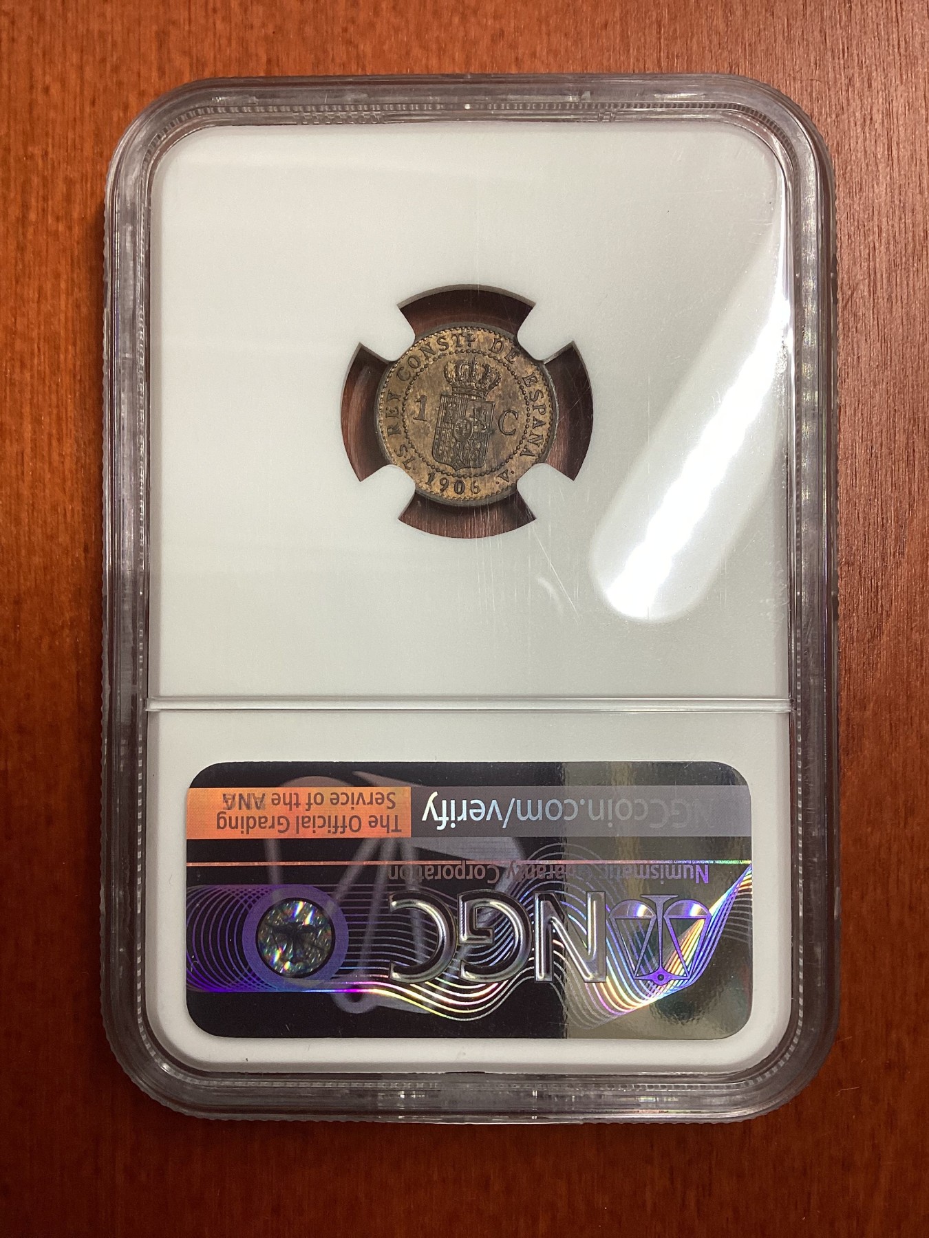 长老汇龙年精选第二场 1906(6) SLV 西班牙阿方索十三世1分铜币，NGC MS62RB