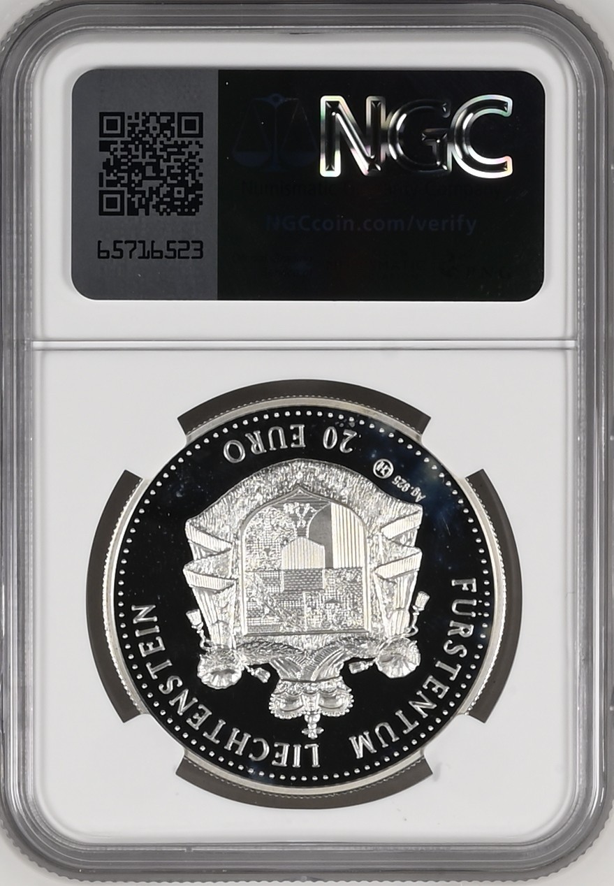 长老汇龙年精选第二场 1997CHI LIECHTEN. 列支敦士登火车125周年20欧元精制银币，NGC PF68UC，亚军分，更高分仅有5枚，臆造币