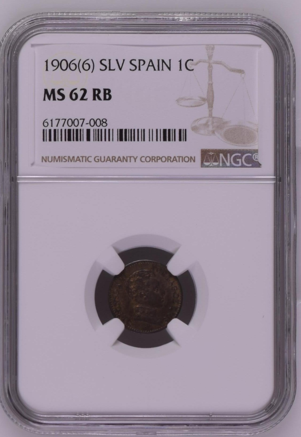 长老汇龙年精选第二场 1906(6) SLV 西班牙阿方索十三世1分铜币，NGC MS62RB