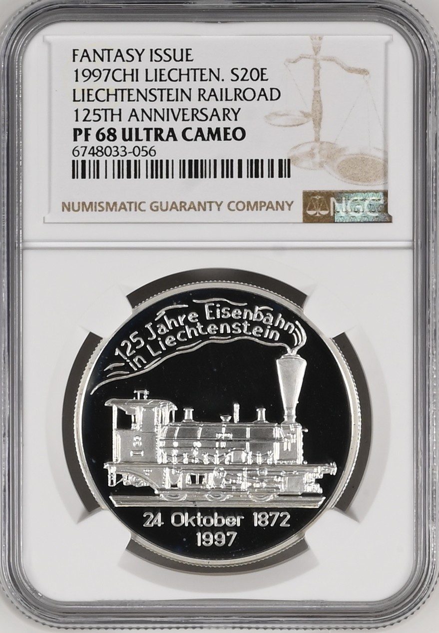 长老汇龙年精选第二场 1997CHI LIECHTEN. 列支敦士登火车125周年20欧元精制银币，NGC PF68UC，亚军分，更高分仅有5枚，臆造币