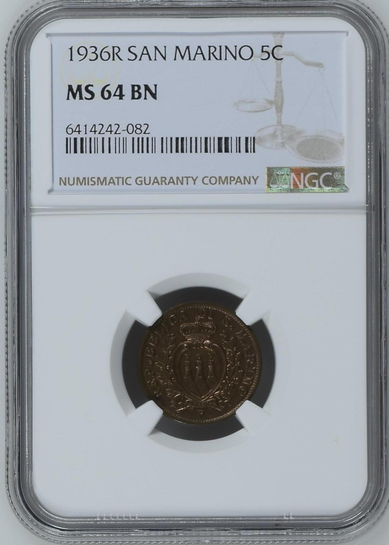 长老汇龙年精选第二场 1936R 圣马力诺5分铜币，NGC MS64BN，亚军分，更高分仅有两枚