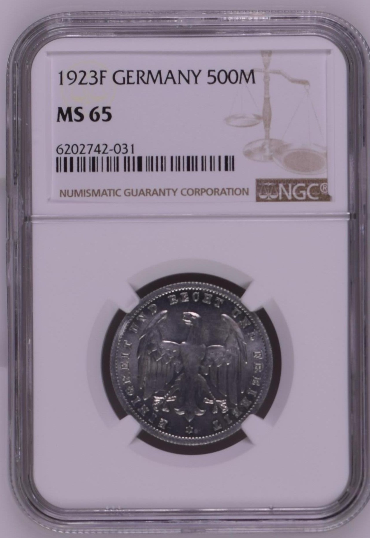 长老汇龙年精选第二场 1923F 德国威玛500马克铝币，NGC MS65分，季军分，更高分仅有9枚