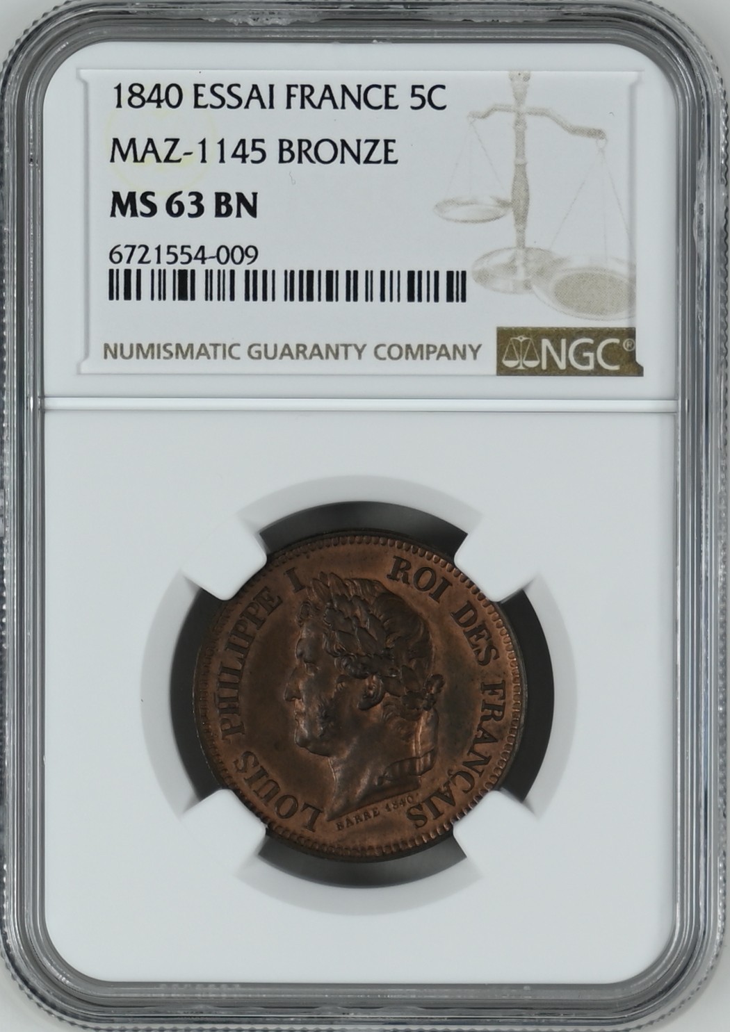 长老汇龙年精选第二场 1840 法国菲利普一世5分铜样币，NGC MS63BN，更高分仅有7枚，正面非常有立体感
