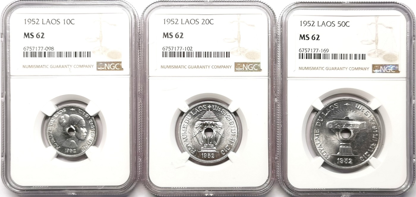 凡希社世界钱币微拍第二百六十二期 1952老挝中孔流通版铝币三枚套NGC-MS62