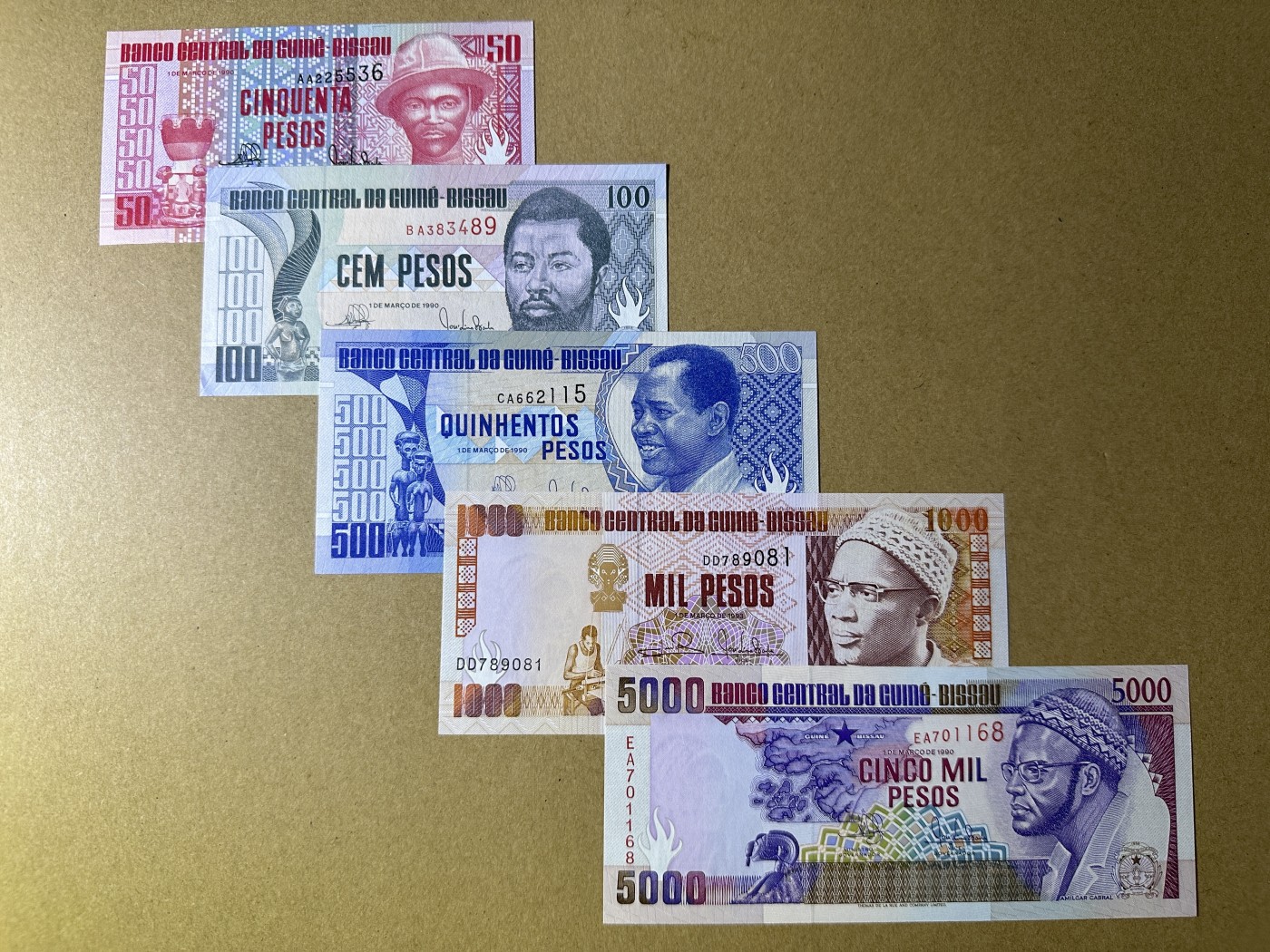 《张总收藏》140期-外币精品荟萃 几内亚比绍50-5000比索5张 UNC 1990年版本