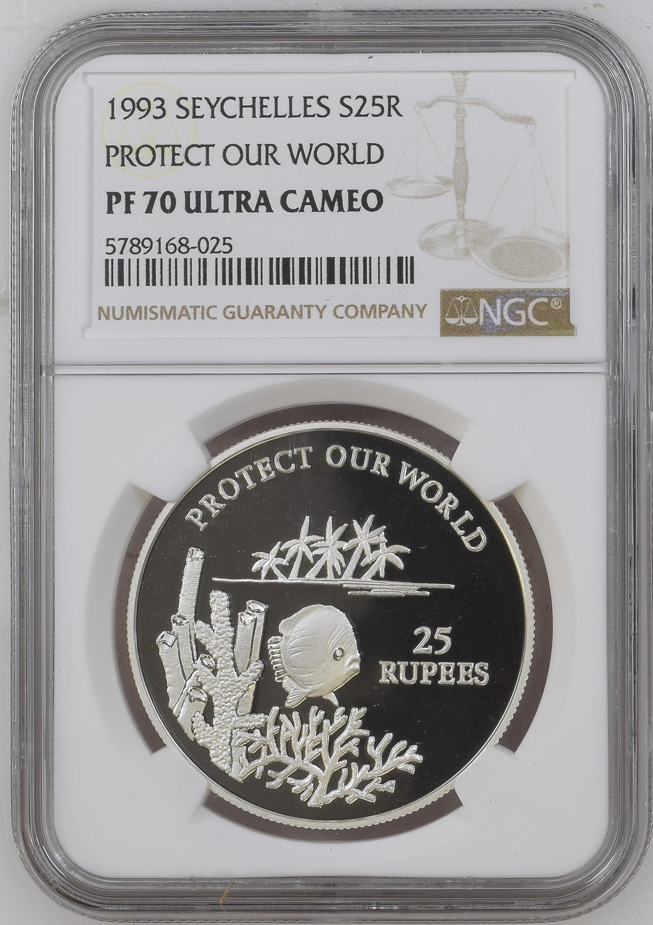 长老汇龙年精选第二场 1993 塞舌尔保护我们的世界25卢比精制银币，NGC PF70UC，唯一冠军分