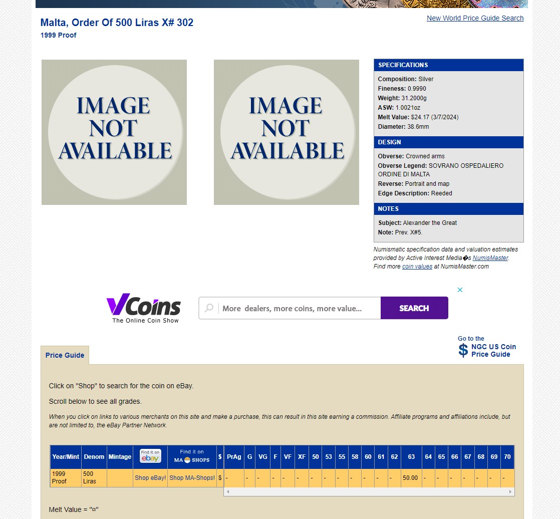 长老汇龙年精选第二场 1999 马耳他亚历山大大帝500里拉精制银币，NGC PF69UC，三枚冠军分之一