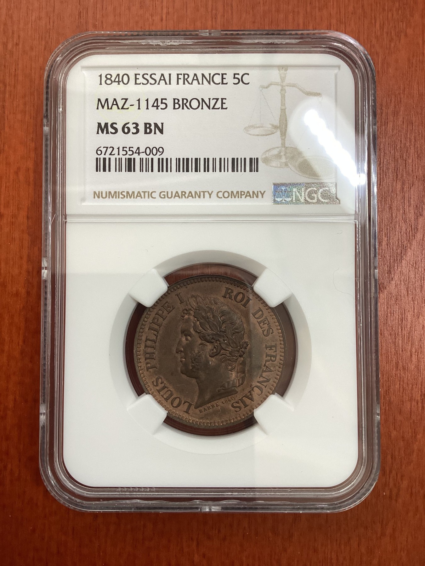 长老汇龙年精选第二场 1840 法国菲利普一世5分铜样币，NGC MS63BN，更高分仅有7枚，正面非常有立体感