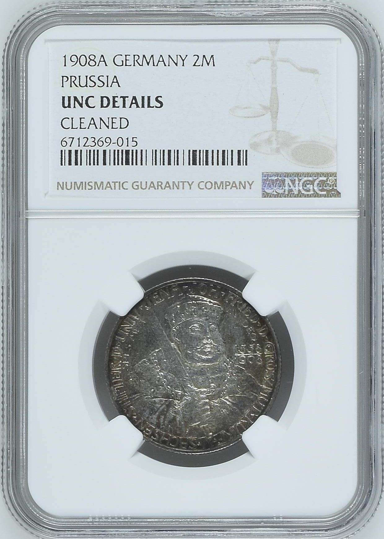 长老汇龙年精选第二场 1908A 德国普鲁士耶拿大学2马克银币，NGC UNC，五彩包浆
