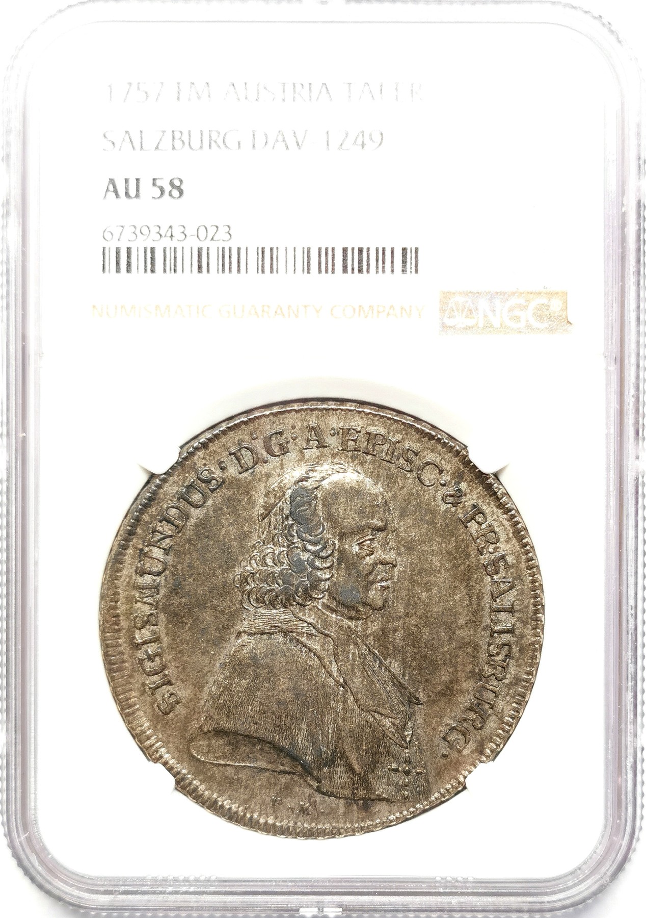 凡希社世界钱币微拍第二百六十二期 1757萨尔茨堡亲王大主教西吉斯蒙德泰勒大银NGC-AU58，一年型，书价是后期希罗尼穆斯的两倍！深五彩底光可见，全深打细节锐利，背面描绘的圣鲁伯特形象极为传神。