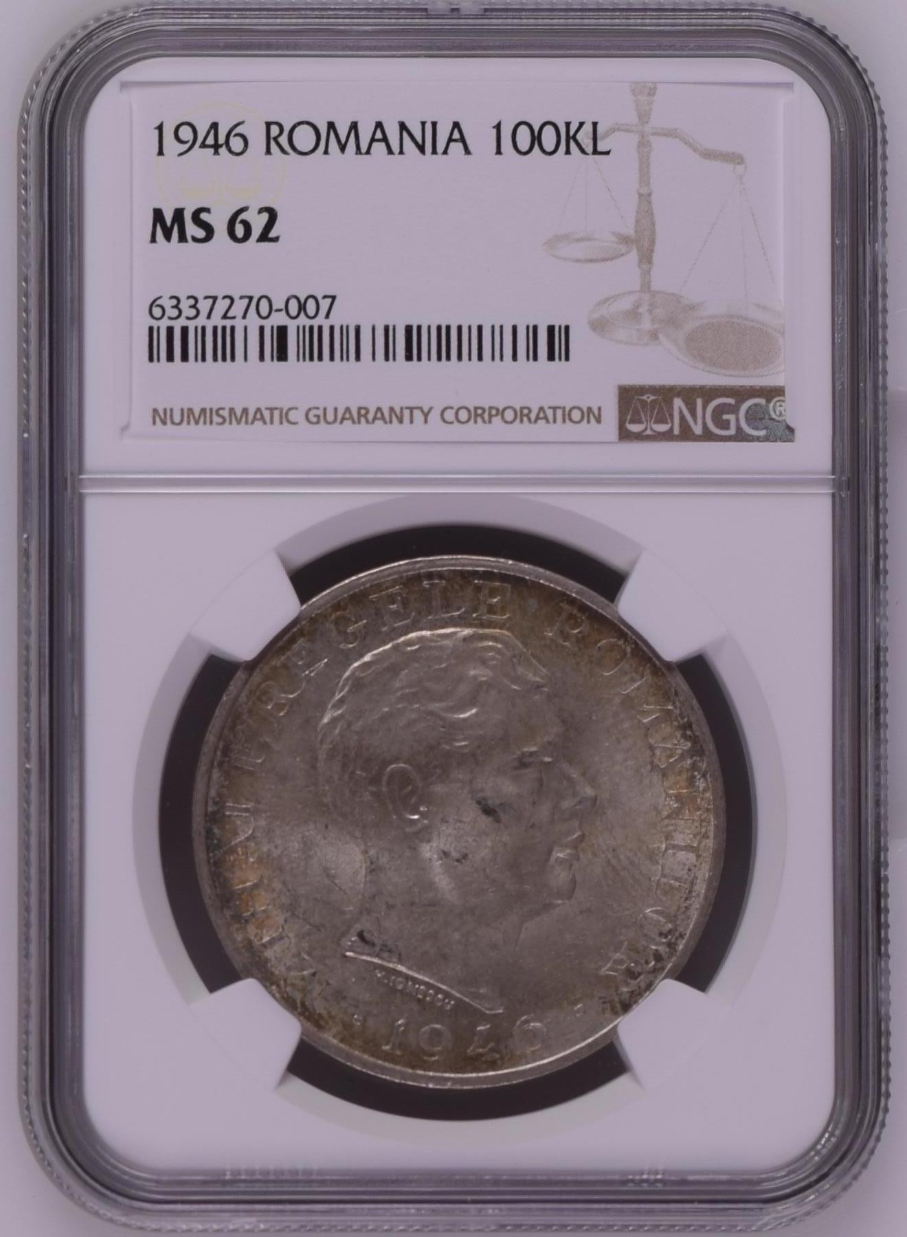 长老汇龙年精选第二场 1946 罗马尼亚米哈伊一世10万列银币，NGC MS62分