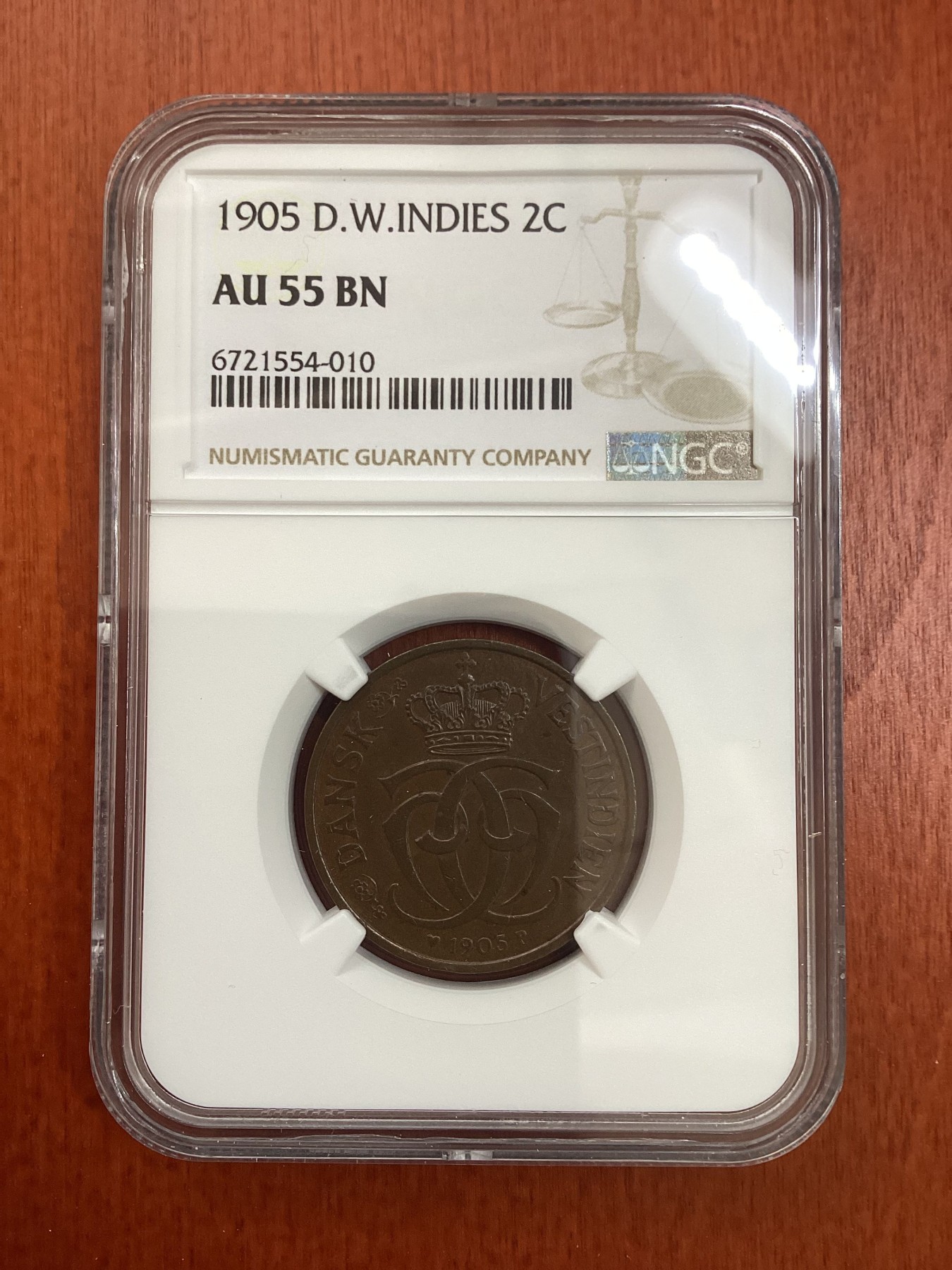 长老汇龙年精选第二场 1905 丹麦属西印度羣岛2分铜币，NGC AU55BN，更高分仅有15枚
