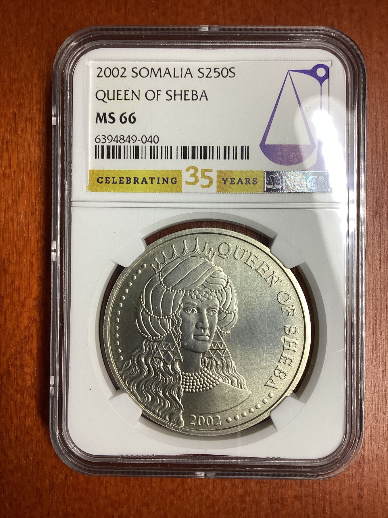长老汇龙年精选第二场 2002索马里示巴女王250先令银币，NGC MS66分，NGC成立35周年标