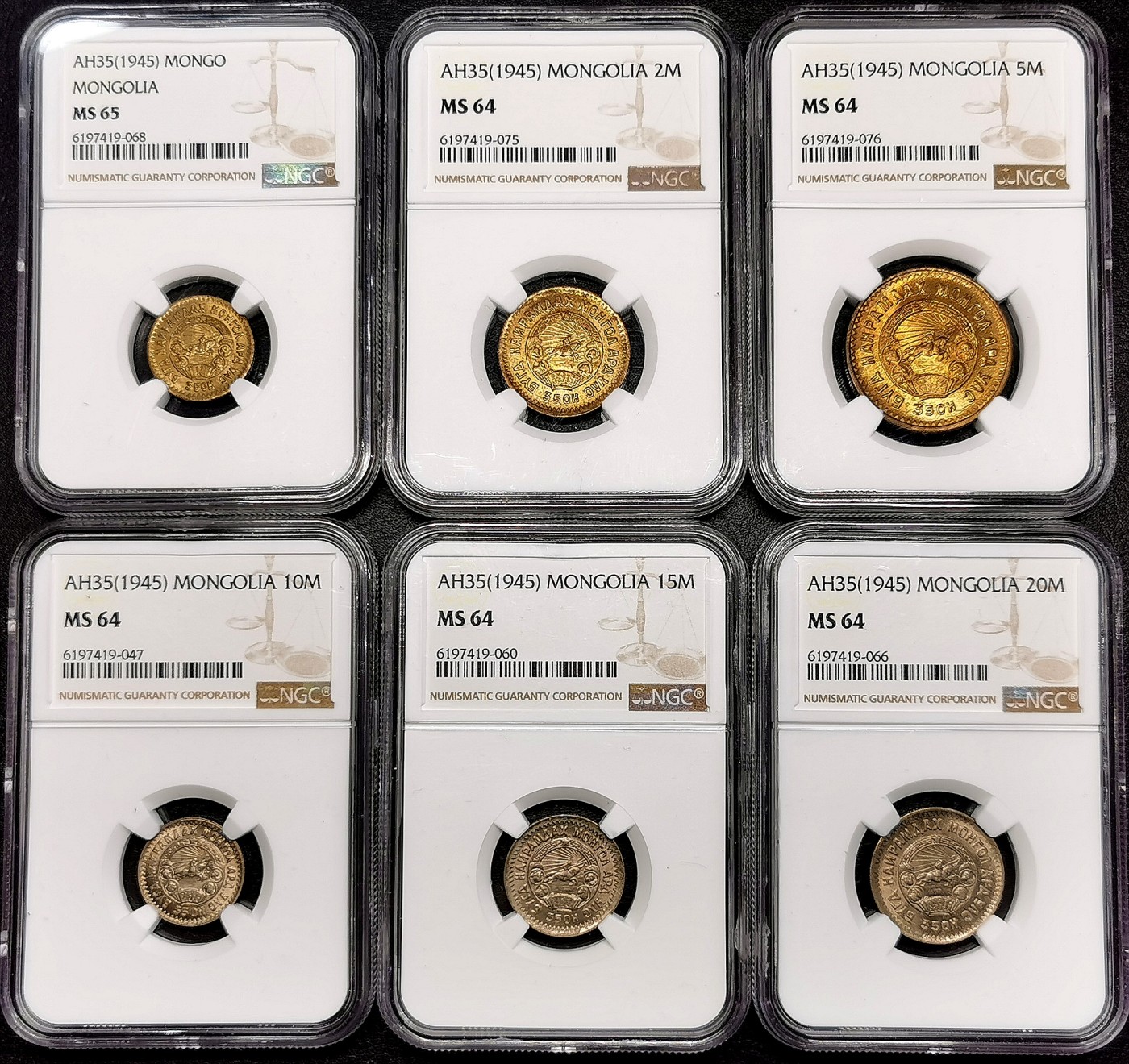 凡希社世界钱币微拍第二百六十二期 荐！1945蒙古国流通版1M-20M六枚套NGC-MS64/65原光，全套高分顶级品相！