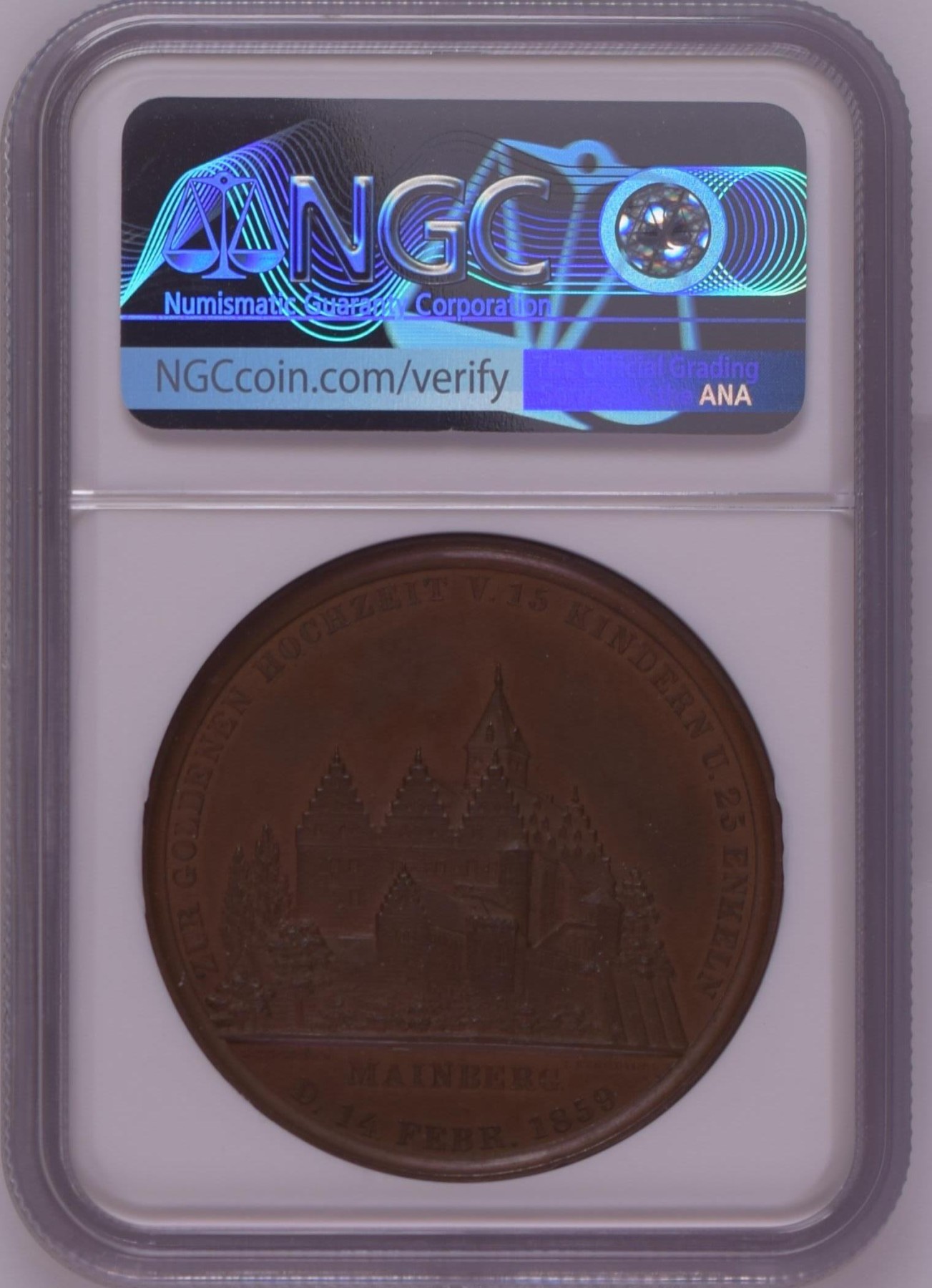 长老汇龙年精选第二场 1859-DATED 德国维尔茨巴赫约翰和凯瑟琳结婚纪念大铜章，NGC MS63BN，唯一记录